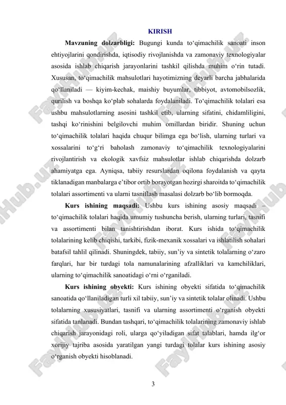 ar. tabiiy tolalar o‘z navbatida o‘simlik, hayvon va mineral kelib chiqishiga qarab tasniflanadi. o‘simlik tolalari asosan sellyulozaga boy bo‘lib, paxta, zig‘ir, kanop va kokos singari o‘simliklardan olinadi. paxta eng keng tarqalgan va to‘qimachilikda eng ko‘p ishlatiladigan toladir. uning yumshoqligi, nafas olishi, gigroskopikligi, issiqlikni saqlab qolishi kabi xossalari uni kundalik kiyim-kechak va matolar ishlab chiqarishda juda qulay qiladi. zig‘ir tolasi esa silliqligi va sovuqlik beruvchi xususiyati bilan ajralib turadi. u ko‘proq yozgi kiyimlar, choyshablar va texnik matolar tayyorlashda ishlatiladi. hayvon kelib chiqishiga ega tolalar tarkibida oqsil bo‘lib, ular jun, ipak, mo‘yna kabi manbalardan olinadi. jun tolasi qo‘y, echki, tuya, lama kabi hayvonlardan olinadi va iliqlikni yaxshi saqlashi bilan mashhur. ayniqsa merinos junining nozikligi va yumshoqligi bilan boshqa tolalardan ajralib turadi. ipak esa ipak qurti tomonidan ishlab chiqariladi va eng qadimiy va qimmatbaho tolalardan biri hisoblanadi. uning jilosi, silliqligi va yengilligi yuqori darajadagi kiyim-kechak va hashamatli matolar ishlab chiqarishda ishlatiladi. mineral tolalar …