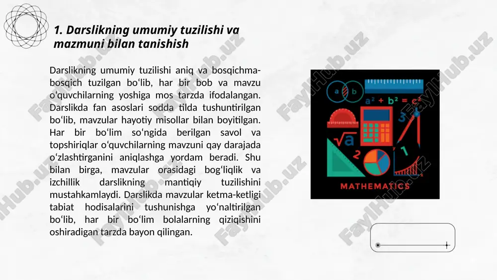 h bilan yondashishlariga yordam beradi. bunda o‘quvchining fikrlash va bilimni mustahkamlash ko‘nikmalarini rivojlantirishga katta e’tibor berilgan. ... t.me/slaydai_bot darslikdagi asosiy mavzular o‘quvchilarga oddiy va oson tushuniladigan tarzda taqdim etilgan. har bir mavzu boshlang‘ich bilimlarga tayangan holda, qadam-baqadam yoritilgan, bu esa o‘quvchiga yangi tushunchalarni mustahkamlashga yordam beradi. o‘quvchilarning qiziqishini saqlash uchun mavzularni real hayot bilan bog‘lash va ularning kundalik tajribalari orqali tushuntirish usuli qo‘llanilgan. mavzularni yoritishda rangli tasvirlar va diagrammalardan foydalanish o‘quvchilarning diqqatini jalb qiladi, shuningdek, o‘quvchilarga amaliy topshiriqlar, misollar va kuzatishlarni o‘zlashtirishga imkon beradi. bu yondashuv o‘quvchilarning o‘rganish jarayoniga faol ishtirok etishini ta’minlaydi va ularning bilimlarini mustahkamlashda samarali yordam beradi. ... t.me/slaydai_bot 3. illyustratsiyalar, topshiriqlar va amaliy mashg‘ulotlarning sifati darslikdagi illyustratsiyalar o‘quvchilarning tasavvurini rivojlantirishga yordam beradigan sifatli va aniq tanlangan. har bir illyustratsiya mavzuga mos ravishda tushunarli tarzda tasvirlangan, bu esa o‘quvchilarga o‘rganilayotgan tushunchalarni vizual tarzda qabul qilish imkonini beradi. rasmlar va diagrammalar murakkab tushunchalarni soddalashtirishga yordam beradi va o‘quvchilarga …