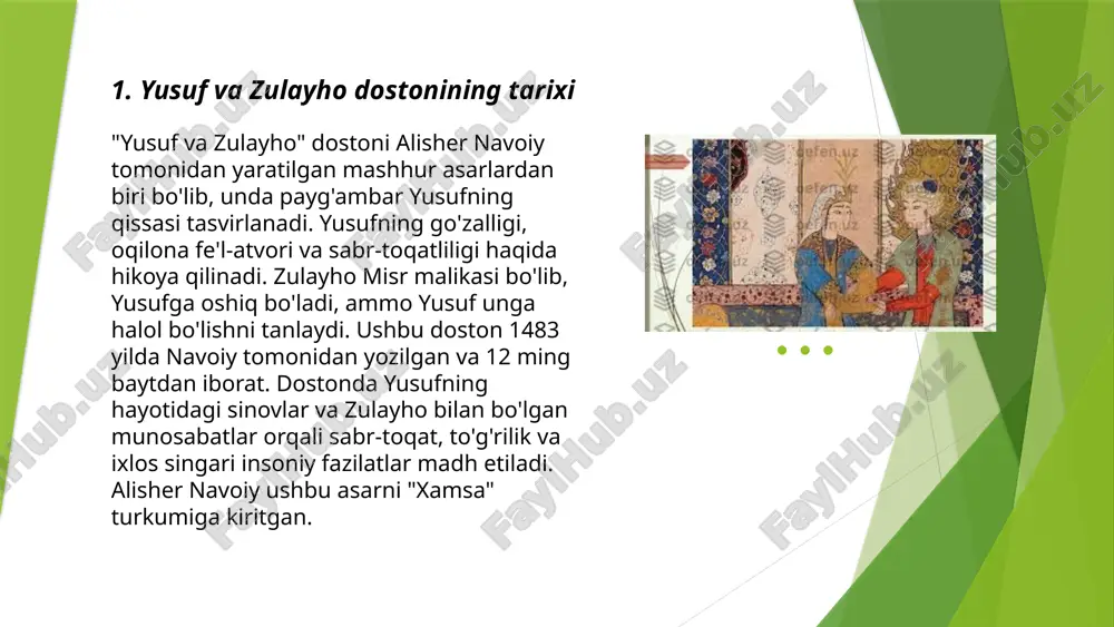 iy va fors adabiyotida ushbu syujet qayta ishlangan. masalan, fors tilida 1483-yilda abdurahmon jomiy tomonidan yaratilgan "yusuf va zulayho" masnaviysi mashhur. o'zbek adabiyotida esa alisher navoiyning "hayrat ul-abror" dostonida bu syujet kuzatiladi. syujetda yusufning go'zalligi, tavakkalchilik va taqdirga ishonch kabi mavzular asosiy o'rinni egallaydi. ushbu asarlar adabiy va falsafiy mazmuni orqali kishilarning ma'naviy tarbiyalashiga xizmat qilgan. ... 7. yusuf va zulayho dostonining poetik tuzilishi 7. "yusuf va zulayho" dostonining poetik tuzilishi o'zbek adabiyotida muhim ahamiyatga ega. doston ikki asosiy qismdan iborat bo'lib, har bir bo'limda yusuf va zulayho sevgi hikoyasi tasvirlangan. asar aruz vaznida yozilgan bo'lib, unda talab qilinadigan qofiyalash va ritmik tuzilish ustun qo'yilgan. doston 12 000 dan ortiq baytdan tashkil topgan bo'lib, unda ramziy obrazlar, nafis poetik tasvirlar, mubolag'alar va istilohlar keng qo'llangan. asarda yusufning sabrlilik, aql-zakovati hamda zulayhoni yoshligidagi go'zalligi va ma'sumligi haqida tasvirlar mavjud. doston o'zining estetik go'zalligini saqlab, yagona voqeaviy izchillikni ifodalaydi. ... 8. "yusuf …