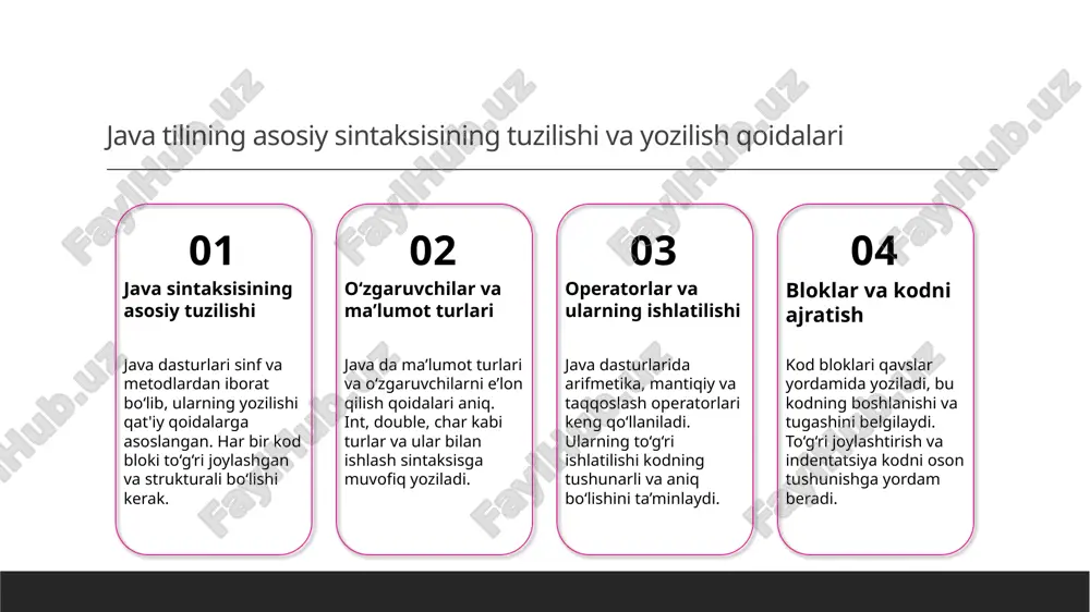 a mustaqillik java yozilgan kod "write once, run anywhere" prinsipiga asoslangan bo‘lib, platformadan qat'i nazar, turli operatsion tizimlarida ishlash imkonini beradi. 3 meros olish va polimorfizm java ob'ektlari sinflardan meros oladi, bu kodni takrorlamasdan kengaytirishga yordam beradi. polimorfizm esa dinamik tarzda metodlarni tanlash imkonini yaratadi. 4 ko‘p uchastkali dasturlash imkoniyati java ko‘p uchastkali dasturlash uchun optimallashtirilgan, bu esa katta va murakkab tizimlarni yaratishda, ularni boshqarishni yengillashtiradi. ob'ekt-oriented paradigma va java dasturlashda uning amaliy qo'llanmalari. 1 obyekt-oriented paradigma asoslari bu paradigma obyektlar, sinflar va meros olish kabi asosiy tushunchalarni o'z ichiga oladi, kodni modulyatsiya qilish va takrorlanuvchanligini ta’minlaydi. 2 java va obyektlar java dasturlashda obyektlar yordamida real hayotdagi muammolarni modellash mumkin, bu esa dasturlarni intuitiv va kengaytiriladigan qiladi. 3 amaliy qo’llanmalari java’da obyekt-oriented yondashuv kodni optimallashtirish, xavfsizlikni oshirish va murakkab tizimlarni boshqarishda muhim rol o'ynaydi. java tilining kuchli tomonlari va uni zamonaviy dasturlashda qo'llash imkoniyatlari. 1 kuchli platforma va keng qo’llanilishi …
