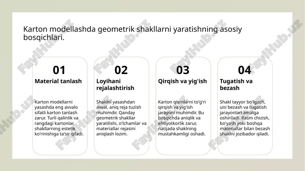 . matematik asoslar orqali, talabalar karton modellash bilan birga, geometriya tushunchalarini amaliy ravishda o'rganish imkoniyatiga ega bo'lishadi. karton modellar orqali geometriya tushunchalarini o'rganish. 01 geometriya asoslari karton modellar orqali geometrik shakllarning asosiy tushunchalarini o'rganish, geometrik shakllarning xususiyatlarini aniqlashga yordam beradi. 02 amaliy ko'nikmalar karton shakllarni yasash amaliyoti, talabalar uchun geometriyaning asosiy ko'nikmalarini rivojlantirishga yordam beradi va ijodkorlikni oshiradi. 03 ko'rgazmali misollar karton modellar yordamida geometrik shakllar ko'rsatilib, talabalar o'zlariga qulay bo'lgan misollar asosida o'rganishlari mumkin. 04 matematika va dizayn kartondan yaratilgan modellar, matematik va dizayn tushunchalarini birlashtirib, talabalarga ijodiy yechimlar topishda yordam beradi. kartonning dizayndagi ahamiyati va amaliy qo'llanilishi. 1 kartonning osonligi - karton materiali eng oson topiladigan va ishlov berish uchun qulay materiallardan biridir, bu esa dizaynerlar uchun juda muhim afzallikdir. 2 ekologik toza material - karton, tabiiy va qayta ishlanadigan material bo'lib, atrof-muhitga zarar bermasdan turli xil dizaynlar yaratishda ishlatilishi mumkin. 3 ijodiy imkoniyatlar - karton bilan ishlash …