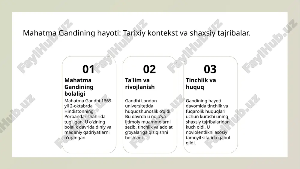 mahatma gandining noviolentlik tamoyili, o'zbekiston tarixidagi muhim voqealarda tinchlik va adolat yo'lida kurashda asosiy rol o'ynagan. 2 o'zbekistonning tarixi o'zbekistondagi tarixiy voqealar, masalan, 1916 yilgi qo'qon isyoni, tinchlik va adolat uchun kurashda noviolentlik tamoyillariga tayanadi. 3 1960-yillar harakatlari 1960-yillarda o'zbekistonda yoshlar va intellektualar, gandining noviolentlik falsafasidan ilhomlanib, jamiyatda o'zgarishlar uchun tinch yo'llarni tanladilar. 4 zamonaviy namoyishlar bugungi kunda o'zbekistonda o'tkazilayotgan zamonaviy namoyishlar, noviolentlik tamoyillariga asoslanib, ijtimoiy adolat va inson huquqlarini himoya qilishga qaratilgan. gandining ta'siri: global fuqarolik huquqlari harakatlariga ko'rsatmalari. 1 gandhi va fuqarolik huquqlari mahatma gandining noviolentlik falsafasi, fuqarolik huquqlari harakatlariga ilhom berib, ko'plab mamlakatlarda adolat va tenglik uchun kurashni kuchaytirdi. 2 global ta'sir gandining yondashuvi, aqshda martin luther king, janoblarining va janubiy afrikada nelson mandela kabi yetakchilarga ilhom berib, xalqaro miqyosda tinchlik harakatlarini rag'batlantirdi. 3 o'zbekistonga ta'siri gandining tamoyillari o'zbekistonda tinchlik, adolat va inson huquqlari uchun kurashda ahamiyatli bo'lib, yosh avlodni ilhomlantiradi va madaniy qadriyatlarni mustahkamlaydi. o'zbekiston va …