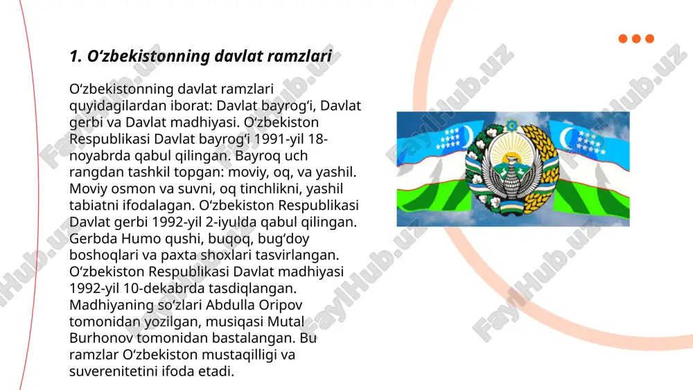 kl va taʼmlar bilan tayyorlanadi. ushbu milliy taomlar oʻzbek xalqining mehmondoʻstligi va urf-odatlarini aks ettiradi. ... t.me/slaydai_bot oʻzbekistonning mashhur shaharlaridan biri samarqand boʻlib, u miloddan avvalgi vi asrga taalluqli. shahar amir temur nomi bilan bogʻliq va unda registon maydoni, bibixonim masjidi va shoh-i-zinda majmui joylashgan. shahrisabz ham muhim tarixiy manzillaridan biri boʻlib, u yerda ak-saroy saroyi qoldiqlari mavjud. buxoro, taxminan 2500 yillik tarixga ega boʻlib, ark qal'asi va ismoil somoniy maqbarasi bilan mashhur. xiva shahrida 250 dan ortiq tarixiy obidalar orasida ichan-qalʼa diqqatga sazovor. toshkent esa zamonaviy poytaxt boʻlib, koʻkaldosh madrasasi va amir temur haykali bilan eʼtiborga loyiq. ... t.me/slaydai_bot 7. oʻzbekistonning ulugʻ siymolari oʻzbekistonning ulugʻ siymolari orasida amir temur, alisher navoiy, va mirzo ulugʻbek kabi shaxslar muhim oʻrin tutadi. amir temur (1336–1405) buyuk sarkarda boʻlib, temuriylar davlatini barpo etdi. uning hukmronlik davri movarounnahr va atrofdagi hududlar uchun ahamiyatli boʻldi. alisher navoiy (1441–1501) oʻzbek adabiyotining asoschilaridan biri, "xamsa" asari bilan …