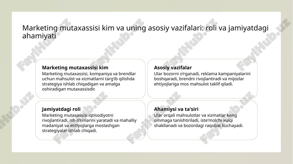 tlarga mos keladi. bu, ayniqsa, avlodlararo aloqalar va mahalliy jamoalarda muvaffaqiyat uchun muhimdir. raqamli va an'anaviy marketingning o'zbekiston bozorida o'zaro ta'siri va integratsiyasi 1 raqamli va an'anaviy usullar raqamli va an'anaviy marketing o'zbekiston bozorida birgalikda ishlatiladi, mijozlarga kengroq yetib borish va brendni mustahkamlash imkonini yaratadi. 2 integratsiya usullari digital va an'anaviy strategiyalarni birlashtirish, maxsus kampaniyalar va maqsadli reklama orqali mijozlar bilan uzoq muddatli aloqalarni rivojlantirishga yordam beradi. 3 ta'sir va imkoniyatlar bu ta'sirli birikma, yangi texnologiyalar yordamida an'anaviy usullarning ishonchliligini oshiradi, shuningdek, raqamli maydonda innovatsiyalarni joriy etadi. o'zbekiston bozorida marketing va brend qurishning o'ziga xos xususiyatlari: tarixiy va madaniy kontekst 1 tarixiy kontekst o'zbekistonning marketing va brend qurishdagi tarixi, savdo odatlari va madaniy qadriyatlar bilan chambarchas bog'liq bo'lib, an'anaviy usullarni hozirgi zamonaviy strategiyalar bilan uyg'unlashtiradi. 2 madaniy o'ziga xosliklar mahalliy madaniyat, diniy e'tiqodlar va urf-odatlar marketingda muhim rol o'ynaydi, shuningdek, brendlar milliy identifikatsiya va ishonchni mustahkamlashga yordam beradi. 3 rivojlanish …