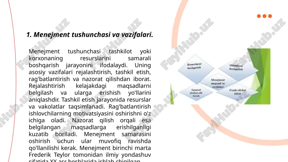 atini beradi. shu tariqa, strategik menejment tashkilotni barqaror ravishda rivojlantirishda muhim omil hisoblanadi. ... t.me/slaydai_bot rahbarlik va liderlik tashkilotlar uchun muhim tushunchalardir. rahbarlik, odatda, tashkilotning kundalik faoliyatini boshqarish va resurslarni taqsimlashni o'z ichiga oladi. liderlik esa jamoani ilhomlantirish, strategik qarorlar qabul qilish va o'sishga yo'naltirish qobiliyatini anglatadi. ko'pincha rahbarlar va liderlar bir shaxsda jamlangan bo'ladi, lekin har doim ham shunday emas. tadqiqotlarga ko'ra, muvaffaqiyatli tashkilotlar rahbarlik qobiliyatiga ega bo'lgan liderlar tomonidan boshqariladi. 2020-yilgi bir tadqiqotga ko'ra, kuchli liderlik qobiliyati xodimlarning samaradorligini 20% ga oshiradi. shu bilan birga, xodimlarning ishga qoniqish darajasi ham 30% ga yaxshilanadi. ... t.me/slaydai_bot 7. menejmentda qaror qabul qilish jarayoni. ma'lumotlarni to'plash va tahlil qilish qaror qabul qilish jarayonida muhim bosqich hisoblanadi. menejerlar qarorlarni qabul qilishda statistik ma'lumotlar, hisobotlar va prognozlardan foydalanadilar. jarayon quyidagi bosqichlardan iborat: 1) muammoni aniqlash; 2) ma'lumot yig'ish; 3) mumkin bo'lgan variantlarni ko'rib chiqish; 4) eng yaxshi yechimni tanlash; 5) qarorni amalga oshirish; …