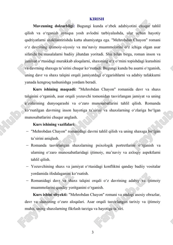 a esa romanning davr va shaxs talqini, shaxslarning o‘zgarishi va jamiyat bilan bog‘lanishidagi o‘zgarishlar tahlil etiladi. i bob. “mehrobdan chayon” romanining o’ziga xos badiy tarixi. 1.1. roman va uning muallifi haqida umumiy ma’lumot roman — bu hayotni badiiy idrok etishning o‘ziga xos shakli bo‘lib, inson taqdiri, jamiyatdagi murakkabliklar, ijtimoiy o‘zgarishlar, axloqiy va ruhiy kechinmalarni keng doirada yoritishga xizmat qiladi. bu janr o‘zida voqeaviylikni, obrazlarning ichki dunyosini, shaxsiy va ijtimoiy muammolarni o‘zaro uyg‘unlikda namoyon etadi. har bir roman – bu muallifning yuragidan to‘kilgan hayot kitobi, unda inson qismati, zamon nafasi, jamiyat hayoti badiiy vositalar orqali ifodalanadi. u o‘quvchini o‘ziga rom etadi, uni voqealar markaziga olib kiradi, qahramonlar bilan birga kuldiradi, yig‘latadi, o‘ylantiradi. roman muallifi — bu ijod ahli, tasavvur olami keng, so‘z sehrini yaxshi biladigan, hayotni chuqur anglab, uni obrazlar orqali ifodalay oladigan ijodkordir. muallif roman orqali o‘z dunyoqarashini, ichki kechinmalarini, qarashlarini o‘quvchiga yetkazadi. u inson ruhiyati, jamiyatdagi ziddiyatlar, axloqiy mezonlar …