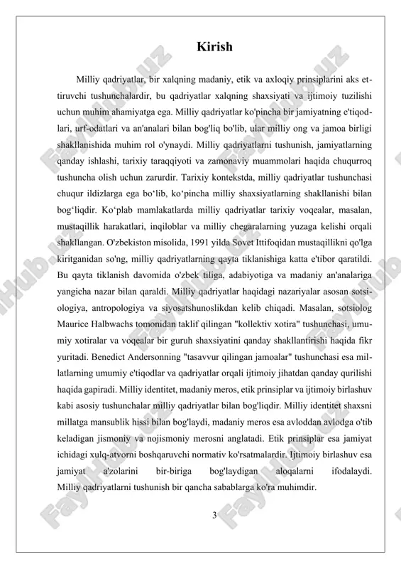 ul yordamida tadqiqotchilar keng ko'lamli ma'lumotlarni yig'ishlari va ularni statistik tahlil qilishlari mumkin. misol uchun, o'zbekistonda o'tkazilgan so'rovlar natijalari, milliy qadriyatlarni saqlashga bo'lgan umumiy e'tiborni ko'rsatadi va bu qadriyatlarning ahamiyatini o'rganish uchun asos bo'lishi mumkin. tarixiy tahlil metodologiyasi milliy qadriyatlarning vaqt o'tishi bilan qanday o'zgarganini tushunishga yordam beradi. bu usulda tadqiqotchilar tarixiy manbalarni, hujjatlarni va arxiv materiallarini tahlil qilib, milliy qadriyatlarning tarixiy kontekstini o'rganishlari mumkin. masalan, o'zbekistondagi mustaqillik harakati va uning milliy qadriyatlarni qayta tiklashdagi roli haqida tarixiy tadqiqotlar olib borish, bugungi kunda milliy qadriyatlarning qanday shakllanganini va ularning rivojlanish jarayonini ko'rsatishi mumkin. ii. globalizatsiya va milliy qadriyatlar o'rtasidagi ziddiyatlar globalizatsiya va milliy qadriyatlar o'rtasidagi ziddiyatlar zamonaviy jamiyatlarning eng muhim va dolzarb masalalaridan biridir. globalizatsiya jarayoni butun dunyo bo'ylab madaniy, iqtisodiy, va siyosiy aloqalarni kuchaytirib, bir xil standartlar va qadriyatlarni tarqatmoqda. biroq, bu jarayon mahalliy milliy qadriyatlarning saqlanishiga va rivojlanishiga salbiy ta'sir ko'rsatishi mumkin. shu bois, globalizatsiya va milliy qadriyatlar …