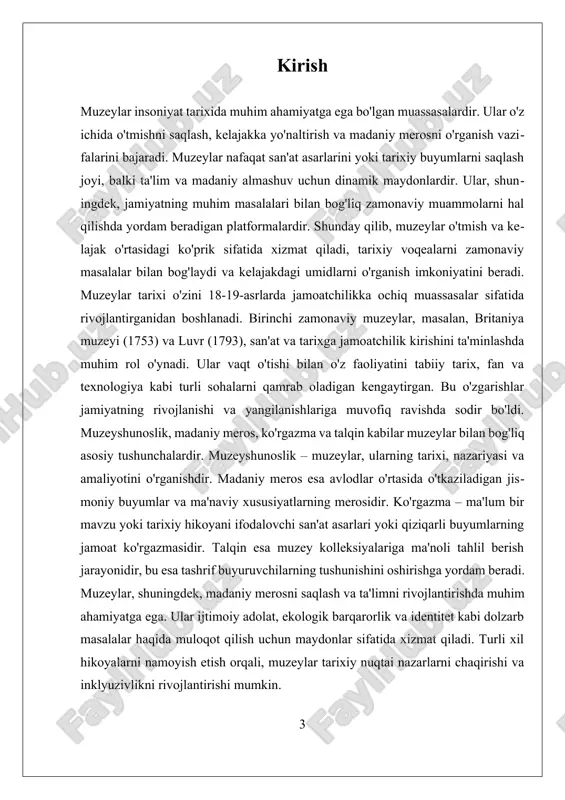 nday qilib, muzeylar orqali taqdim etilgan madaniy meros, kelajak avlodlar uchun muhim ahamiyatga ega bo'ladi. muzeylarning ta'siri, shuningdek, jamiyatdagi ijtimoiy adolat va tenglik masalalarida ham ko'zga tashlanadi. ular turli ijtimoiy qatlamlar va madaniy guruhlar orasida muloqotni kuchaytirish va o'zaro tushunishni rivojlantirishda muhim vosita bo'lib xizmat qiladi. misol uchun, ko'plab muzeylar turli millatlarning madaniyatini o'z ichiga olgan ko'rgazmalar o'tkazadi, bu esa turli madaniyatlar o'rtasidagi o'zaro aloqani mustahkamlashga yordam beradi. bunday yondashuv, ijtimoiy adolat va madaniy xilma-xillikni oshirishga xizmat qiladi. biroq, muzeylar o'z faoliyatida bir qator qiyinchiliklar bilan yuzma-yuz kelmoqdalar. ijtimoiy tenglikni ta'minlash va madaniy merosni har tomonlama namoyish etish masalalari hali ham dolzarbdir. ko'plab muzeylar, ayniqsa, globalizatsiya sharoitida, o'zlarining ko'rgazmalarini yanada kengaytirish va turli madaniyatlarni o'z ichiga olishga intilmoqda. bunda, texnologiyaning rivojlanishi va digitalizatsiya jarayonlari muzeylarda yangi imkoniyatlarni taqdim etmoqda. virtual ko'rgazmalar va onlayn resurslar orqali, muzeylar keng auditoriyaga murojaat qilishni va o'z ta'sirini oshirishni maqsad qilmoqda. muzeylar va madaniy meros …