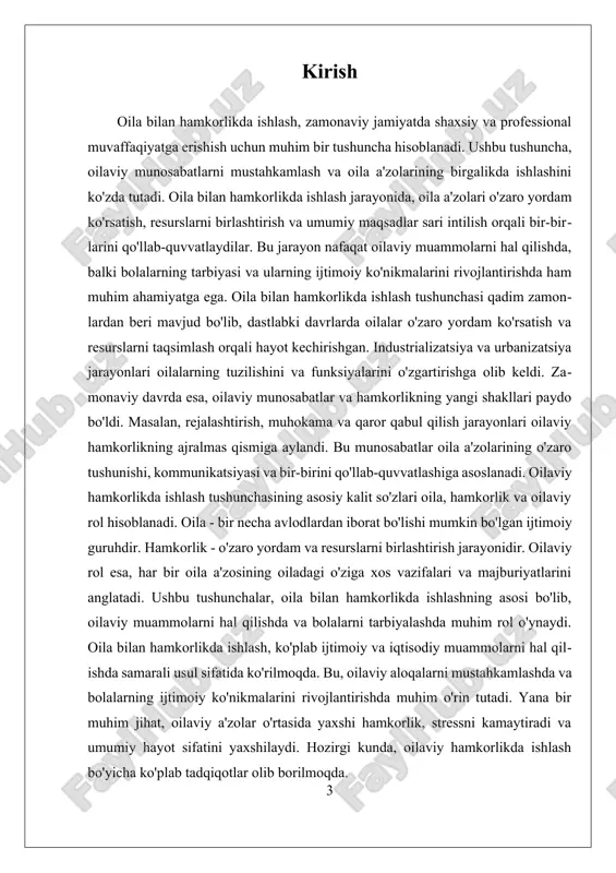 ustahkamlashda muhim ahamiyatga ega. bundan tashqari, oiladagi boshqa qarindoshlar, masalan, bobolar, buvilar, akalar va opa-singillar ham o'z rollarini bajarishadi. ular o'zaro yordam, maslahat va qo'llab-quvvatlash orqali oila a'zolarining hayotida muhim o'rin tutadilar. oila a'zolari o'rtasida o'zaro hurmat va hamkorlik, muammolarni hal qilishda yordam beradi va oilaviy aloqalarni mustahkamlaydi. oila a'zolarining rollari va majburiyatlari o'zaro bog'liq va bir-birini to'ldiradi. har bir a'zoning roli o'zining individual qobiliyatlari va qiziqishlariga asoslanadi, bu esa oilaning umumiy maqsadlariga erishishda muhim ahamiyatga ega. masalan, ota-ona farzandlarining ta'limiga e'tibor berish bilan birga, oilaviy iqtisodiy masalalarda ham faol ishtirok etishi kerak. shu bilan birga, farzandlar o'zlarining o'qish va kasb-hunar tanlash jarayonida ota-onalarining maslahatlarini inobatga olishlari lozim. oila a'zolarining rollari va majburiyatlari o'zgarishi mumkin, bu esa zamonaviy hayot sharoitlariga bog'liq. oila strukturasining o'zgarishi, masalan, ajralish, bir jinsli oilalar va boshqa ijtimoiy omillar, oilaviy rollarning yangi shakllarini keltirib chiqarishi mumkin. bunday vaziyatlarda, oila a'zolari o'rtasida kommunikatsiya va hamkorlikni saqlab qolish, …
