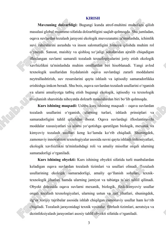 oki bilvosita tushadi, bu esa tabiiy suv muhitining ifloslanishiga olib keladi. oqava suvlarning tarkibi ularning kelib chiqish manbalariga qarab farq qiladi. maishiy oqava suvlar asosan uy xo‘jaliklaridan chiqadigan chiqindilardan iborat bo‘lib, ular tarkibida ovqat qoldiqlari, yuvish vositalari, gigiyenik mahsulotlar, yog‘-moy aralashmalari va boshqa kimyoviy moddalarning qoldiqlari bo‘ladi. bunday suvlar tarkibida organik moddalar, azot, fosfor, mikroorganizmlar, xususan patogen bakteriyalar va viruslar uchraydi. ular suv havzalarida kislorod miqdorining kamayishiga, suvdagi hayotiy muvozanatning buzilishiga olib keladi. sanoat oqava suvlari esa ko‘proq xavfli va murakkab tarkibga ega bo‘ladi. ular turli sanoat korxonalarida, jumladan kimyo, metallurgiya, neftni qayta ishlash, to‘qimachilik, oziq-ovqat sanoati va boshqa sohalarda hosil bo‘ladi. bunday suvlar tarkibida og‘ir metallar, kislotali yoki ishqoriy eritmalar, organik va noorganik eritmalar, zaharli birikmalar, neft mahsulotlari, bo‘yoqlar, plastmassa va boshqa kimyoviy moddalarning qoldiqlari mavjud bo‘lishi mumkin. bu moddalar suvga tushganda u yerdagi tirik organizmlar uchun jiddiy xavf tug‘diradi. ayniqsa, og‘ir metallar – qo‘rg‘oshin, simob, kadmiy, nikel kabi …