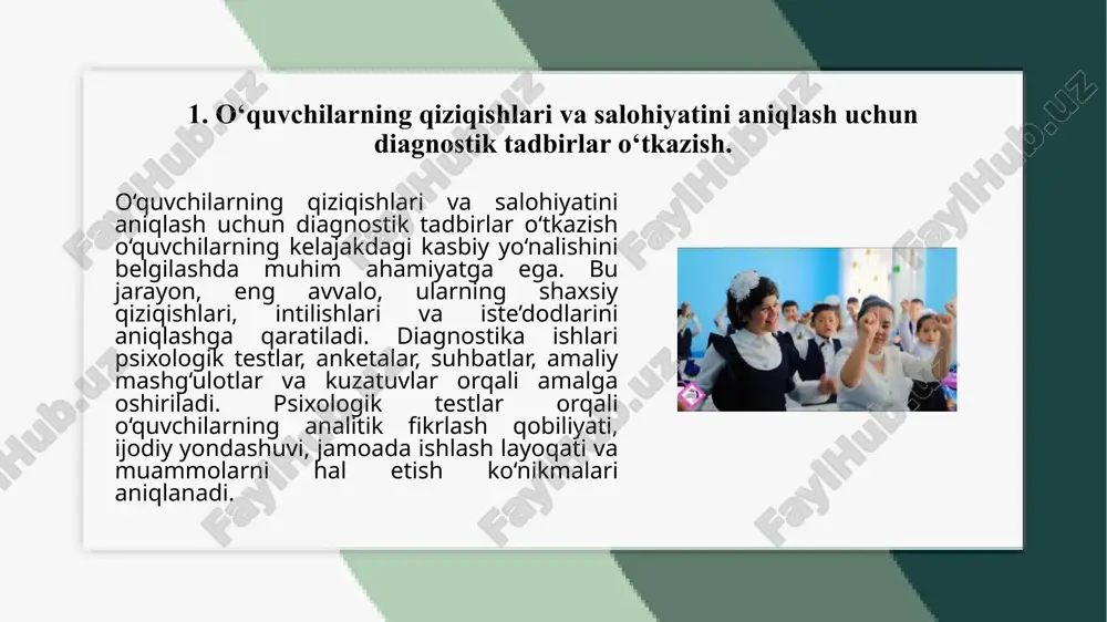 alliy korxonalar va kasb-hunar markazlariga tashrif buyurtirish orqali amaliy tanishtirish. o‘quvchilarni mahalliy korxonalar va kasb-hunar markazlariga tashrif buyurtirish orqali amaliy tanishtirish – bu ularning nazariy bilimlarini real ish muhitida mustahkamlashga xizmat qiladi. ushbu tashriflar orqali o‘quvchilar turli kasblarning amaliy jihatlari, ish tartibi, zarur ko‘nikmalar va ish sharoitlari bilan bevosita tanishadilar. bu esa ularning kasbga bo‘lgan qiziqishini oshirish, o‘zini o‘sha sohaga moslashtirish yoki aksincha, boshqa yo‘nalishga qiziqish bildirishi uchun muhim ahamiyat kasb etadi. mahalliy korxonalarga tashriflar davomida o‘quvchilar ishlab chiqarish jarayonini kuzatishadi, turli texnika va uskunalar bilan tanishishadi, mutaxassislar bilan muloqot qilib, kasbga oid savollariga javob olishadi. kasb-hunar markazlarida esa ularga qisqa ma’lumotlar, kasbiy ko‘nikmalarni rivojlantirishga qaratilgan mahorat darslari, interaktiv treninglar tashkil etiladi. ayrim hollarda o‘quvchilarga qisqa muddatli amaliy mashg‘ulotlar ham o‘tkaziladi. bunday tashriflar natijasida o‘quvchilar nazariy bilimlarini amaliyot bilan bog‘laydi, kasbga bo‘lgan munosabati shakllanadi va o‘z oldiga aniq maqsad qo‘yishga intiladi. shu bilan birga, ularning motivatsiyasi oshadi va kasbiy yo‘nalish …