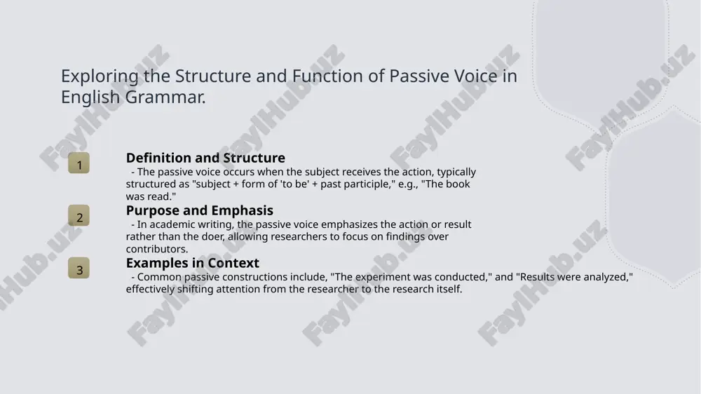 or effective scholarly communication and presentations. references 1. biber, d., conrad, s., & reppen, r. (2018). corpus linguistics: investigating language structure and use. cambridge university press, 2018. 2. hyland, k. (2019). academic discourse: english in a global context. continuum, 2019. 3. quirk, r., greenbaum, s., leech, g., & svartvik, j. (1985). a comprehensive grammar of the english language. longman, 1985. 4. görlach, m. (2018). the english language: a linguistic history. cambridge university press, 2018. 5. khan, m. a. (2020). the role of passive voice in uzbek language: a comparative study. journal of linguistic studies, 2020. thank you!