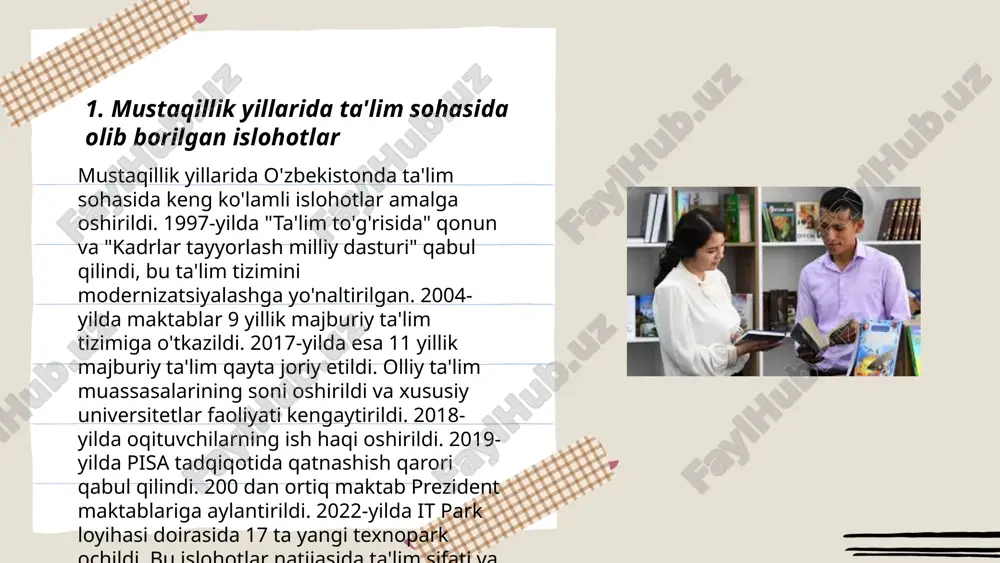 r. unesco ma'lumotlariga ko'ra, oecd mamlakatlaridagi 70% dan ortiq maktablar raqamli texnologiyalarni ta'lim jarayoniga integratsiya qilmoqda. o'zbekistonda 2020 yilga kelib, umumta'lim maktablarining 95% internet bilan ta'minlandi. ta'limda interaktiv vositalar, masalan, vr (virtual haqiqat) texnologiyalari qo'llanilishi bilim samaradorligini 30-40% ga oshirishi mumkin. "steam" (science, technology, engineering, arts, mathematics) yondashuvi orqali o'quvchilar o'z bilimlarini amaliyotga tadbiq etishlari ta'lim sifatini oshiradi. shuningdek, finlandiyada ta'lim metodikalaridan foydalangan holda oʻquvchilar o'rtasida mustaqil o'rganish salohiyati 15% ga oshadi. limitlar va maqsadlarga erishish uchun 6100 dan ortiq ta'lim loyihalari amalga oshirilmoqda. ... t.me/slaydai_bot 2023-yilda kasbiy ta'lim tizimida bir qator muhim o'zgartirishlar amalga oshirildi. yangi o‘quv dasturlari va standartlari joriy etilib, yangicha yondashuvlar asosida mutaxassislar tayyorlash kuchaytirildi. polsha, germaniya va janubiy koreya kabi davlatlar bilan xalqaro hamkorlik olib borilib, 10 mingdan ortiq o‘qituvchi malaka oshirdi. 2022-yilda faqat 5 foiz bitiruvchi ish bilan ta’minlangan bo‘lsa, 2023-yilda bu ko‘rsatkich 30 foizga yetdi. yangi texnologik jihozlar bilan ta’minlash uchun davlat budjetidan …