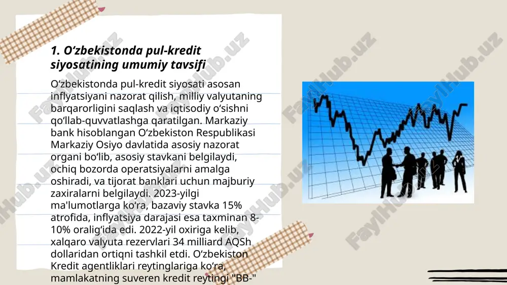 iqtisodiy vositadir. bu siyosat inflyatsiya, iqtisodiy o'sish va ishsizlik darajalariga ta'sir qiladi. masalan, foiz stavkalarining pasayishi kredit olishni arzonlashtiradi, bu esa investitsiyalar va iste'molni oshirishi mumkin. 2022 yilda o‘zbekiston markaziy banki asosiy stavkani 14 foiz darajasida saqladi. bu jarayon inflyatsiyani nazorat qilish va iqtisodiy barqarorlikni ta'minlash maqsadida amalga oshiriladi. rivojlangan mamlakatlarda, masalan, aqshda federal rezervning foiz siyosati global iqtisodiy sharoitlarga ta’sir ko‘rsatishi mumkin, bunda 50 bazis punktlik o‘zgarishlar iqtisodiyotga sezilarli ta'sir ko‘rsatadi. ... t.me/slaydai_bot bank tizimining rivojlanishi va islohotlari doirasida o‘zbekiston bank sektori so‘nggi yillarda muhim o‘zgarishlarga duch keldi. 2020-yildan boshlab, bank kapitali oshirilishi talab qilindi, bu esa likvidlikni yaxshiladi. 2021-yilda 30 dan ortiq tijorat banklari, jumladan xalqaro banklar kirib keldi. raqamli bank xizmatlari kengaytirilib, 2023-yilda bank tranzaksiyalari hajmi 40% ortdi. 2022-yilda banklar tomonidan kichik bizneslarga ajratilgan kreditlar 25% ga oshdi. bank tizimini isloh qilish doirasida, 2023-yilgacha davlat banklarining aksiyalari bosqichma-bosqich xususiylashtirildi. shu yillar davomida milliy bank tomonidan valyuta bozorini …