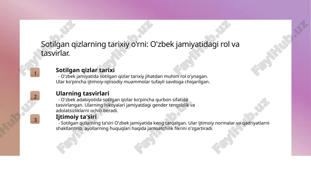 ynagan. ular ko'pincha qahramon sifatida yoki kurashuvchi obrazlar sifatida tasvirlanadi. 02 gender stereotiplar o'zbek adabiyotida gender stereotiplar ko'plab asarlarda namoyon bo'ladi. ayollar ko'pincha zaif va muhtoj sifatida ko'rsatiladi, bu esa ularning haq-huquqlarini cheklaydi. 03 ularni yengish zamonaviy yozuvchilar gender stereotiplarni yengish uchun ayollarning kuchli qahramonligini va mustaqilliklarini ta'kidlaydilar, yangi hikoyalar yaratadilar. 04 ayollar ovozi o'zbek adabiyotidagi ayollarning ovozi, inson savdosi va gender tengligi masalalarini ko'taradi. bu, ayollarning muammolarini ochish va ularni hal etish yo'lida muhimdir. sotilgan qiz qismati: adabiyot orqali gender masalalariga yondashuv. 1 adabiyot va inson savdosi - o'zbek adabiyotida inson savdosi, ayollarning og'ir taqdirini ochib beradi va jamiyatda gender tengsizligini ko'rsatadi. 2 ayollar va qahramonlik - sotilgan qizlarning hikoyalari, ayollarning kuchi va sabr-toqatini namoyish etadi, ularni qahramon sifatida tasvirlaydi. 3 madaniyatdagi rol - o'zbek madaniyatida, sotilgan qizlar orqali gender masalalari yoritilib, an'anaviy va zamonaviy qadriyatlar o'rtasidagi ziddiyatlar ko'rsatiladi. o'zbek adabiyotida inson savdosi: ayollarning ovozi va hikoyalari. 01 o'zbek …