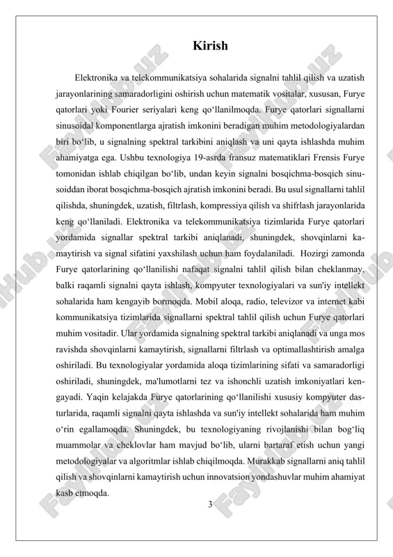 oshiriladi va u signalni spektral bo‘laklarga bo‘lish imkonini beradi. asosiy formulalar va metodlar, shuningdek, fourier transformatsiyasi bilan ham bog‘liq bo‘lib, ular signallarni vaqt va chastota domenlarida tahlil qilish imkonini beradi. elektronika va telekommunikatsiyada fourier seriyalari va transformatsiyalari signalni filtrlashda, shovqinlarni kamaytirishda va ma’lumotlarni kompressiya qilishda muhim vositadir. masalan, radio va televizor signallarini uzatishda, ular spektral tarkibni aniqlash va shovqinni kamaytirish uchun ishlatiladi. bu texnologiya yordamida signalning kerakli qismlari ajratiladi va shovqinning ta’siri kamayadi, natijada uzatish sifati oshadi. bundan tashqari, fourier texnikasi yordamida signalni shifrlash va kodlash uchun ham yangi metodlar ishlab chiqilmoqda. mobil aloqa tizimlarida, masalan, 3g va 4g texnologiyalarida, bu metodlar signalni kengaytirish va uzatish samaradorligini oshirishda muhim ahamiyatga ega. shuningdek, zamonaviy raqamli signalni qayta ishlash texnologiyalarida fourier seriyalari va transformatsiyalari keng qo‘llaniladi. sun’iy intellekt va mashina o‘rganish sohalarida ham, bu metodlar ma’lumotlarni analitik tahlil qilish, shovqinlarni ajratib olish va sinalarni optimallashtirish uchun ishlatilmoqda. misol uchun, shovqinni kamaytirish algoritmlari …