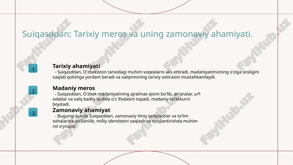 i beradi va ularning rivojlanishini ta'minlaydi. o'zaro ta'sir suiqasddan madaniyati va ilmiy tadqiqotlar o'rtasidagi o'zaro ta'sir, yangi g'oyalar va innovatsiyalarni yaratishga yordam beradi. bu jarayon madaniyatni boyitadi. interdisiplinar yondashuv suiqasddan merosi turli fanlar, masalan, tarix, san'at, va antropologiya orqali o'rganilib, interdisiplinar yondashuvni talab qiladi. bu yanada kengroq tushuncha beradi. madaniy tadqiqotlar suiqasddan merosini o'rganish, madaniy tadqiqotlar orqali muhim merosiy elementlarni aniqlash va saqlashda katta ahamiyatga ega. bu, kelajak avlodlarga ta'sir qiladi. suiqasddan merosi: zamonaviy ilmiy tahlillar va ularning natijalari. 1 suiqasddan: merosiy tahlil suiqasddan merosi, o'zbek tarixida chuqur ildizlarga ega bo'lib, madaniyat va san'atga ta'sir ko'rsatadi. zamonaviy tahlillar merosni qayta baholashga yordam beradi. 2 zamonaviy qiyoslar bugungi kunda suiqasddan merosini o'rganish uchun zamonaviy ilmiy metodlar qo'llanilmoqda. bu metodlar, madaniyatning turli jihatlarini yoritadi va ta'sirini aniqlaydi. 3 o'zgarishlar va natijalar suiqasddan merosi bo'yicha o'tkazilgan ilmiy tadqiqotlar, an'anaviy qiyoslarni zamonaviy kontekstda yangilashga yordam beradi va natijada yangi tushunchalar shakllanadi. suiqasddan va uning …