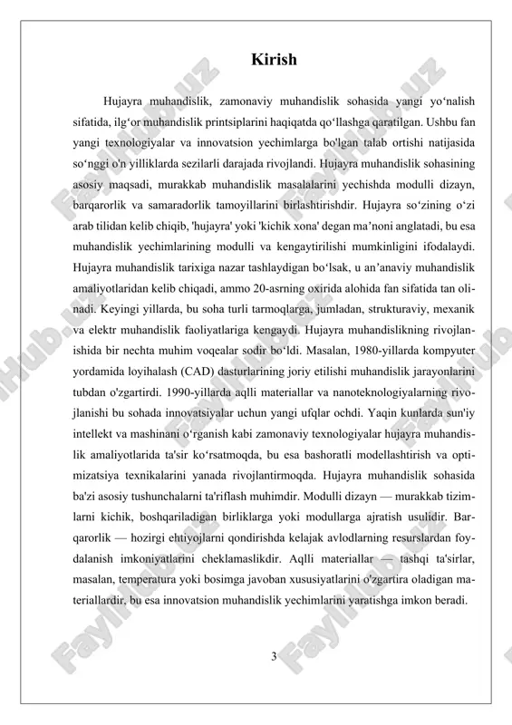 rahbarlari o'rtasida hamkorlik va doimiy tadqiqotlarni talab qiladi. hujayra muhandislik sohasidagi global talabning kelgusi o'n yil ichida 20% ga oshishi kutilayotgani, ushbu sohaning muhimligini yanada oshiradi. energiya samarali binolarni loyihalash va aqlli shahar texnologiyalarini amalga oshirish kabi misollar, hujayra muhandislik printsiplarining amaliy qo'llanilishini ko'rsatadi. atrof-muhit fanlari va axborot texnologiyalari bilan bo'lgan interdisipliner aloqalar, sohani yanada boyitadi va uning ta'sirini kengaytiradi. xulosa qilib aytganda, hujayra muhandislik sohasida so'nggi yillarda sezilarli yutuqlar qozonildi, anʼanaviy muhandislik amaliyotlaridan innovatsion yechimlarga qadar rivojlanib bormoqda. i. modular dizayn orqali inshootlarni rivojlantirish modular dizayn orqali inshootlarni rivojlantirish, zamonaviy muhandislikda muhim o‘rin tutadi va hujayra muhandislik yo‘nalishida ko‘plab yutuqlarga erishishga imkon beradi. modular dizayn, inshootlarni rivojlantirish jarayonida, murakkab tizimlarni kichik, boshqariladigan modullarga bo‘lish orqali samarali va iqtisodiy yechimlar yaratishga yordam beradi. ushbu yondashuv, inshootlarning tez va oson qurilishi, ularni modernizatsiya qilish va kengaytirish imkoniyatlarini taqdim etadi, shuningdek, resurslardan samarali foydalanishni ta'minlaydi. modular dizaynning asosiy afzalliklaridan biri, inshootlarni ishlab …