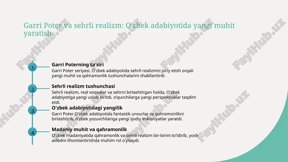 madaniyatidagi an'anaviy qahramonlar bilan bog'lanadi, bu esa mahalliy hikoyalar va folklore bilan zamonaviy adabiyotni birlashtiradi. o'zbek madaniyatida garri poter: sehr va qahramonlikning birlashuvi. sehrli qahramonlar garri poter seriyasidagi qahramonlar, o'zlarining sehrli qobiliyatlari bilan birga, haqiqiy qahramonlik fazilatlariga ega. ular adolat va do'stlik uchun kurashadilar. o'zbek madaniyatidagi ta'sir garri poterning o'zbek madaniyatiga ta'siri, an'anaviy qahramonlik va sehrni birlashtirish orqali yangi qahramonlar yaratishdir. bu, o'zbek yoshlarini ilhomlantiradi. sehr va qahramonlik sehrli realizm, o'zbek adabiyotida qahramonlikni kuchaytiradi. garri poter seriyasi, o'zbek yoshlariga o'z qahramonliklarini topish uchun ilhom beradi. o'zbek folkloridagi magiya: garri poter va mahalliy an'analar. 1 o'zbek folklori o'zbek folklorida sehrli hikoyalar, mifologik qahramonlar va ajdodlarimizning qonunlari mavjud bo'lib, bu elementlar garri poterda yaqqol aks etadi. 2 magiya va qahramonlar garri poter seriyasidagi qahramonlar, o'zbek folkoridagi sehrgarlar va qahramonlar bilan bog'liq, ularning qahramonliklari mahalliy an'analarni yodga soladi. 3 mahalliy an'analar o'zbek an'analarida mujizaviy hodisalar keng tarqalgan, bu esa garri poterning fantastik elementlari …