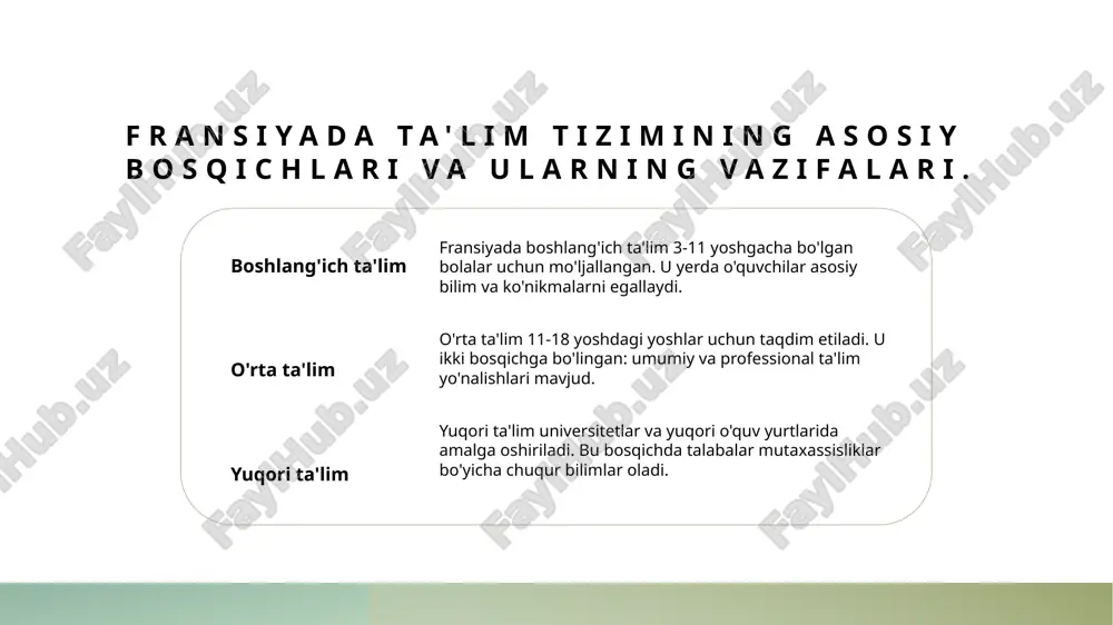 anadilar. xulosa ta'lim tizimining asosiylari fransiya ta'lim tizimi, boshlang'ich, o'rta va oliy ta'lim bosqichlaridan iboratdir. har bir bosqichda o'quvchilarga taqdim etiladigan bilimlar farqlanadi. madaniyat va ta'lim o'zaro fransiya ta'limi, madaniy almashuvlarni rivojlantirishga xizmat qiladi. talabalar boshqa madaniyatlarni o'rganish orqali global fikrlashga erishadilar va o'zaro tushunish hamda muvozanatni saqlaydilar. xalqaro hamkorlik imkoniyatlari fransiya ta'lim tizimi xalqaro loyihalarda faol ishtirok etadi. bu orqali talabalar global tajribalarni o'zlashtirib, xalqaro bozorda muvaffaqiyatli bo'lish imkoniga ega bo'lishadi. foydalanilgan adabiyotlar 1. umidova, g. ta'lim tizimining fransiyada o'zgarishi. ta'lim va innovatsiyalar, 2021 2. xamroev, b. fransiya ta'lim siyosati: madaniyat va iqtisodiy ta'sirlar. o'zbekiston ta'limi, 2022 3. maqsudov, n. global ta'lim tizimlaridagi fransiyaning o'rni. xalqaro ta'lim konferensiyasi materiallari, 2021 4. ismoilov, a. fransiya ta'lim tizimi: tuzilishi va rivojlanish tendensiyalari. ta'lim va taraqqiyot, 2020 5. saidov, r. ta'lim siyosatlari va madaniy ta'sirlar: fransiya misolida. ta'lim tadqiqotlari jurnali, 2023 e'tiboringiz uchun rahmat!