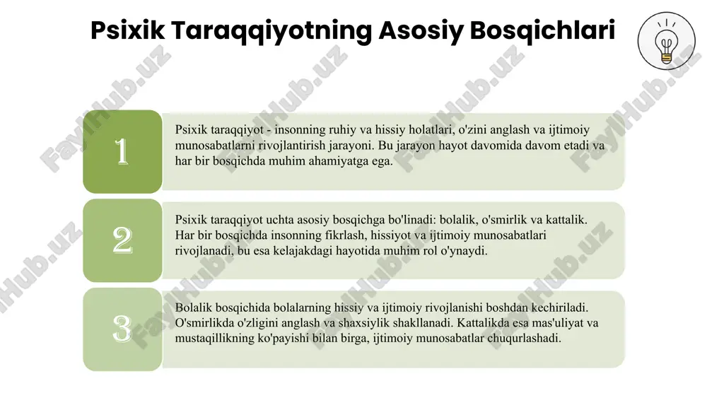 holatini belgilaydi. - taslim jarayoni psixik taraqqiyotda muhim ahamiyatga ega. - ichki hissiyotlar va tajribalarni qabul qilish orqali inson o'sadi. ta'lim va psixik taraqqiyot o'rtasidagi o'zaro munosabat: - taslim, psixik taraqqiyotda qiyinchiliklarni bartaraf etishga yordam beradi. - o'z-o'zini anglash va qabul qilish orqali ichki muammolarni hal qilishda yordam beradi. - psixik taraqqiyot va taslim bir-birini to'ldirib, insonning rivojlanishini ta'minlaydi. taslim, psixik taraqqiyotga ijobiy va salbiy ta'sir ko'rsatadi. bu jarayon shaxsga o'zini anglashda yordam beradi. umumiy tushuncha taslim, o'z-o'zini anglash jarayonini kuchaytirishi bilan birga, salbiy ta'sirlar keltirishi mumkin. ijobiy va salbiy ta'sirlar tadqiqotlar taslim jarayonining psixik salomatlikka ta'sirini ko'rsatadi va rivojlanishga yordam berishini isbotlaydi. misollar va tadqiqotlar ta'limning psixik taraqqiyotga ta'siri 01 02 03 psixik taraqqiyot jarayonlari inson rivojlanishida muhim bosqichlardir. har bir jarayonda taslimning o'rni alohida ahamiyatga ega. psixik taraqqiyot jarayonlari psixik taraqqiyot jarayonlari: 1) fikrlash; 2) his-tuyg'ular; 3) xulq-atvor. taslim bu jarayonlarga ta'sir ko'rsatadi. har bir bosqichda taslimning roli …