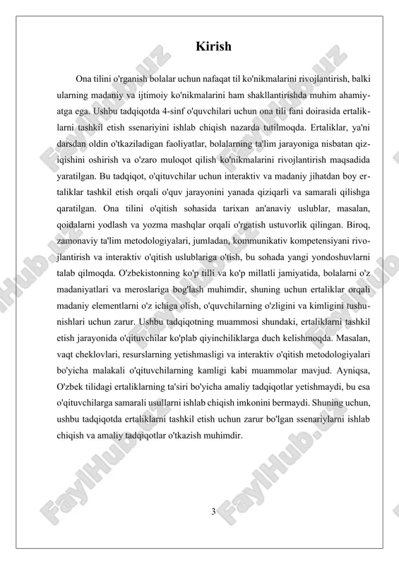 ga olgan o'yinlar, o'quvchilarga o'z milliy madaniyatlarini chuqurroq anglashlariga yordam beradi. masalan, o'zbek fol'kloriga oid o'yinlarni o'ynash, o'quvchilarga milliy qadriyatlarni o'rganish imkonini beradi va ularning o'ziga xosligini rivojlantirishga xizmat qiladi. shuningdek, interaktiv o'yinlar o'quvchilarda o'z-o'zini nazorat qilish va mustaqil o'qish ko'nikmalarini rivojlantirishga ham yordam beradi. o'yin jarayonida o'quvchilar o'zlarining kuchli va zaif tomonlarini aniqlashlari, shu bilan birga, o'z bilimlarini mustahkamlash imkoniyatiga ega bo'ladilar. o'qituvchilar uchun esa, bunday o'yinlar o'quvchilarning natijalarini baholash, ularning qiziqishlarini va ehtiyojlarini yanada yaxshiroq tushunish imkonini beradi. umuman olganda, ertaliklarda interaktiv o'yinlar orqali til o'rganish metodikasi, o'quvchilarni faollashtirish va ular o'rtasida ijtimoiy muloqotni yanada rivojlantirishga qaratilgan. bunday metodlar yordamida o'qituvchilar o'quvchilarning til ko'nikmalarini kuchaytirish bilan birga, ularning ijodiy fikrlashlarini va madaniy bilimlarini ham oshirishlari mumkin. natijada, ertaliklar nafaqat bilimlarni mustahkamlash, balki o'quvchilarning shaxsiy rivojlanishiga ham xizmat qiladi. ii. madaniy mavzular asosida ertaliklar tashkil etish madaniy mavzular asosida ertaliklar tashkil etish o‘quv jarayonida talabalarning qiziqishini oshirish va ularning …
