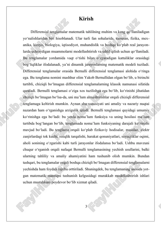 xossalaridan biri – uning alohida holatlarda chiziqli tenglamaga aylanishidir. masalan, agar noma’lum funksiyaning darajasi ma’lum qiymatga teng bo‘lsa, tenglama oddiy chiziqli differensial tenglama shaklini oladi. bu holatda yechim topish uchun klassik integrallash usullari qo‘llaniladi. aks holda, bernulli tenglamasi bo‘yicha maxsus almashtirish bajariladi va so‘ngra chiziqli differensial tenglama usullaridan foydalaniladi. umuman olganda, bernulli differensial tenglamasi differensial tenglamalarni o‘rganishda muhim bosqich bo‘lib, u orqali talabalar va tadqiqotchilar chiziqli bo‘lmagan tenglamalarning tuzilishi, xossalari va yechish texnikalarini chuqurroq o‘zlashtiradilar. bu tenglamaning o‘rganilishi kelajakda yanada murakkabroq differensial modellar bilan ishlashda mustahkam tayanch bo‘lib xizmat qiladi. bernulli differensial tenglamasi differensial tenglamalarning maxsus ko‘rinishlaridan biri bo‘lib, u nazariy va amaliy nuqtai nazardan katta ahamiyatga ega. ushbu tenglama ilk bor ilm-fan tarixida xvii asrda ilmiy muomalaga kiritilgan bo‘lib, o‘sha davrdan boshlab ilmiy tadqiqotlar va texnikani rivojlantirishda keng qo‘llana boshlagan. bernulli tenglamasi o‘z nomini mashhur matematik bernulli oilasidan chiqqan yakob bernullidan olgan bo‘lib, bu tenglama uning ilmiy izlanishlari natijasida …