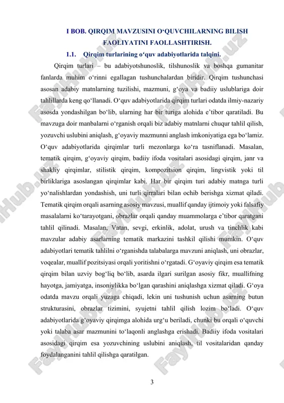 atlar nazariy jihatdan yoritiladi va misollar orqali mustahkamlanadi. jumladan, nasrda syujet, konflikt, obrazlar o‘zaro munosabati asosiy rol o‘ynasa, she’riyatda musiqiylik, ritm, qofiya, ohangdorlik muhim bo‘ladi. stilistik qirqim esa muallif uslubining o‘ziga xosligi, til vositalarining tanlanishi, badiiy tafakkur shakllari orqali matnning qanday obrazlilik darajasiga ega ekanini aniqlaydi. ba’zi mualliflar poetik tildan ko‘proq foydalansa, boshqalari sodda, hayotiy nutqga yaqin uslubda yozadi. o‘quv adabiyotlarida bu tahlil tili va uslub orqali matnni tushunishni o‘rgatadi, shuningdek, talabalarning yozma nutqini boyitishga xizmat qiladi. kompozitsion qirqim orqali asarning tuzilishi, voqealar tartibi, ekspozitsiya, konflikt, cho‘qqi nuqtasi, yechim kabi elementlarning o‘zaro aloqasi aniqlanadi. bu esa adabiy asarning mantiqiy oqimini tushunishga, muallif qanday tarzda voqealarni ketma-ketlikda bayon qilganini tahlil qilishga imkon beradi. lingvistik qirqim esa adabiy matnni sof tilshunoslik nuqtai nazaridan o‘rganadi. bu tahlil usuli fonetika, leksika, grammatika, sintaksis va stilistika kabi til birliklari asosida amalga oshiriladi. matnda ishlatilgan so‘zlar tanlovi, ularning emotsional-ekspressiv mazmuni, grammatik qurilishi tahlil qilinadi. o‘quv adabiyotlarida …