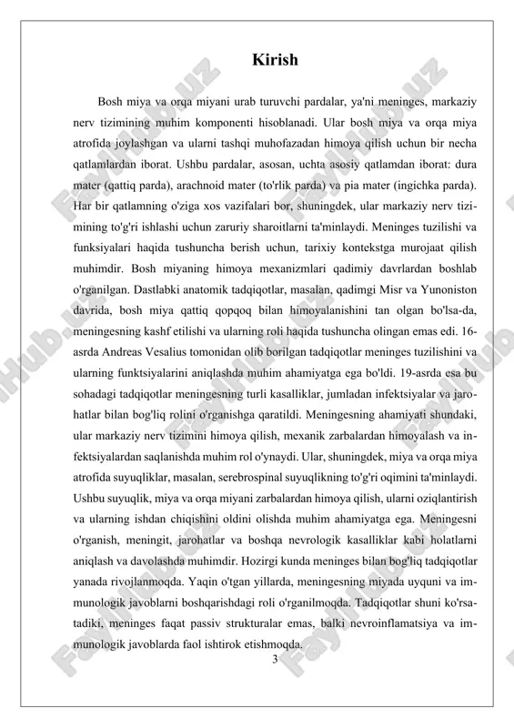 muhofaza qilishiga yordam beradi va nevrologik tizimning sog'lig'ini ta'minlaydi. pia mater – bu meningesning eng ichki qatlamidir. u bosh miya va orqa miyaning yuzasiga yaqin joylashgan bo'lib, juda nozik va yumshoqdir. pia mater, asosan, qon tomirlarini o'z ichiga oladi, bu esa bosh miya va orqa miyaning nerv to'qimalariga oziq moddalar yetkazishida muhim ahamiyatga ega. bu qatlam, shuningdek, miyaning yuzasini qoplab, uning himoyasini kuchaytiradi va asab to'qimalarini muhofaza qiladi. meningesning tuzilishi va funksiyalari nevrologik tizimning sog'lig'i uchun juda muhimdir. ular bosh miya va orqa miyaning himoyasini ta'minlash, zarba va infektsiyalardan himoya qilish, shuningdek, nerv to'qimalarini oziqlantirishda muhim rol o'ynaydi. [image: epidermis - vikipediya] meningesning har bir qatlamining o'ziga xos xususiyatlari va vazifalari, ularning birgalikda ishlashi orqali bosh miya va orqa miyaning optimal funktsiyasini ta'minlaydi. ushbu tizimni o'rganish, nevrologik kasalliklar, jarohatlar va boshqa muammolarni diagnostika qilish va davolashda muhim ahamiyatga ega. ii. meningit va boshqa nevrologik kasalliklar meningit va boshqa nevrologik kasalliklar, …
