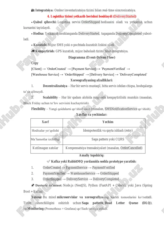 oladi. 🚚 kengaytirish: gps kuzatish, mijoz baholash tizimi bilan integratsiya. diagramma (event-driven flow) copy [client] → `ordercreated` → [payment service] → `paymentverified` → [warehouse service] → `ordershipped` → [delivery service] → `deliverycompleted` xoreografiyaning afzalliklari: 1. decentralizatsiya – har bir servis mustaqil, bitta servis ishdan chiqsa, boshqalarga taʼsir qilmaydi. 2. scalability – har bir qadam alohida miqyosda kengaytirilishi mumkin (masalan, black friday uchun toʻlov servisini kuchaytirish). flexibility – yangi qoidalarni qoʻshish oson (masalan, smsnotificationservice qoʻshish). xavflar va yechimlar: xavf yechim hodisalar yoʻqolishi idempotentlik va qayta ishlash (retry) maʼlumotlar izchilligi saga pattern yoki cqrs kutilmagan xatolar kompensatsiya transaksiyalari (masalan, ordercancelled) amaliy topshiriq: ✅ kafka yoki rabbitmq yordamida sodda prototype yaratish: 1. ordercreated → paymentservice → paymentverified 2. paymentverified → warehouseservice → ordershipped 3. ordershipped → deliveryservice → deliverycompleted 📌 dasturiy taʼminot: node.js (nestjs), python (fastapi + celery), yoki java (spring boot + kafka). xulosa: bu misol mikroservislar va xoreografiyaning kuchli tomonlarini koʻrsatadi. …