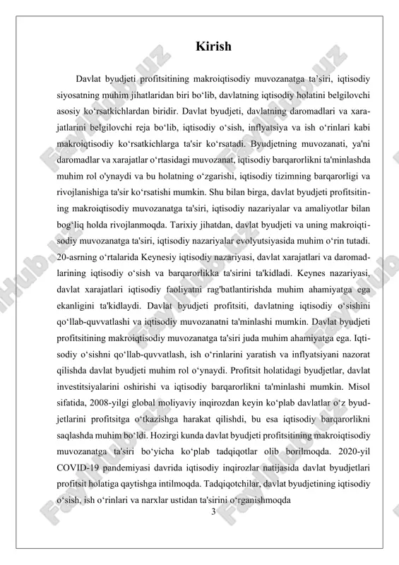 t ushbu mablag'larni infratuzilma loyihalariga, ta'lim va sog'liqni saqlash sohalariga yo'naltirishi mumkin. profitsit holati, bir tomondan iqtisodiy barqarorlikni ta'minlashga yordam bersa, boshqa tomondan esa davlatning iqtisodiy o'sish strategiyalarini amalga oshirish imkoniyatini yaratadi. davlat byudjeti profitsiti, shuningdek, inflyatsiya darajasini nazorat qilishda ham muhim rol o'ynaydi. davlat xarajatlarini oshirish orqali, agar bu xarajatlar samarali amalga oshirilsa, iqtisodiy o'sish va ijtimoiy himoyani kuchaytirishga olib kelishi mumkin. biroq, agar byudjet xarajatlari nazoratsiz oshsa, bu inflyatsiya darajasini keltirib chiqarishi mumkin, bu esa iqtisodiy o'sishga salbiy ta'sir ko'rsatishi mumkin. shuning uchun, davlat byudjeti profitsitining ta'siri iqtisodiy o'sishga bog'liq ravishda ehtiyotkorlik bilan boshqarilishi zarur. bundan tashqari, davlat byudjeti profitsitining iqtisodiy o'sishga ta'siri ijtimoiy xarajatlar bilan ham bog'liq. davlat ijtimoiy xizmatlarni moliyalashtirishga ko'proq mablag' ajratganida, bu ijtimoiy barqarorlikni ta'minlash va aholi farovonligini oshirishga qaratilgan bo'ladi. misol uchun, ta'lim va sog'liqni saqlash sohalariga investitsiyalar kiritilishi, kelajak avlodning malakasini oshirish va sog'liqni saqlash xizmatlarini yaxshilash orqali iqtisodiy o'sishga ijobiy ta'sir …