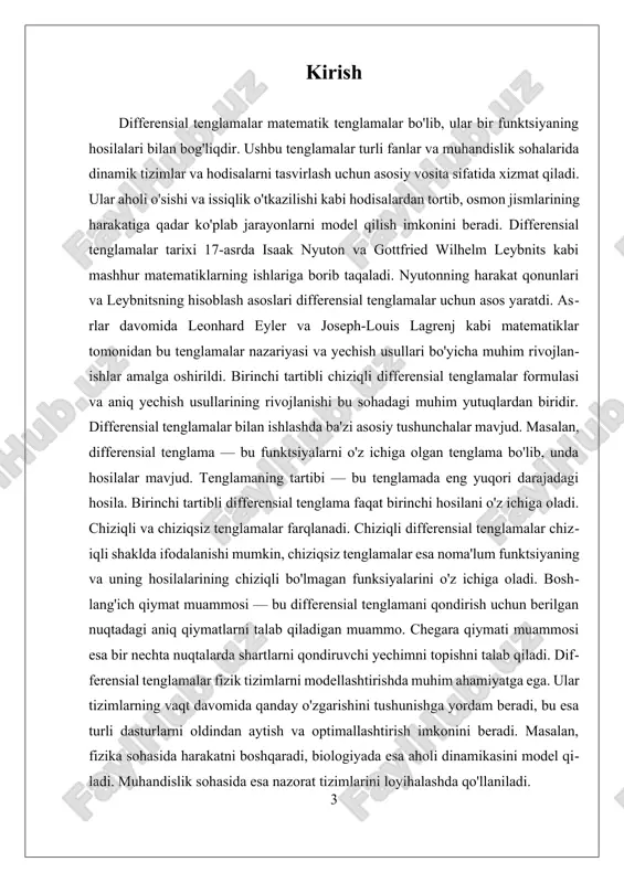 imini topish uchun bir qator metodlarni ishlab chiqdi va ularning umumiy yechimlarini aniqlashda muhim o'rin tutdi. lagrange esa, o'zining differensial tenglamalar nazariyasidagi ishlari bilan, ularning chiziqli va chiziqsiz shakllarini o'rganishga katta hissa qo'shdi. 19-asrda, differensial tenglamalar nazariyasi yanada chuqurlashdi va yangi turdagi tenglamalar, masalan, qisman differensial tenglamalar paydo bo'ldi. bu davrda matematiklar bir qator yangi metodlar va usullarni ishlab chiqdilar. misol uchun, augustin-louis cauchy va henri poincaré kabi olimlar, differensial tenglamalarning yechimini topish uchun yangi nazariyalar ishlab chiqdilar va ularni amaliyotda tatbiq etdilar. cauchy qismi differensial tenglamalar bilan bog'liq muammolarni hal qilishda innovatsion yondashuvlarni taklif qildi va bu usullar bugungi kunda ham keng qo'llaniladi. 20-asrda, differensial tenglamalar nazariyasi va uning qo'llanishlari yanada rivojlanib, yangi texnologiyalar, kompyuterlar va raqamli hisoblash usullari qo'llanila boshlandi. raqamli metodlar differensial tenglamalarni yechishda muhim o'zgarishlar kiritdi, chunki ular oldingi analitik usullarga nisbatan murakkabroq tenglamalarni yechish imkonini berdi. shu bilan birga, matematiklar va muhandislar, differensial tenglamalarni boshqarish …