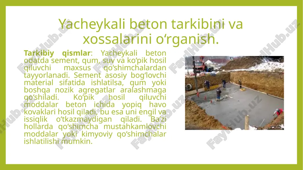 lib, ularning qancha yukga bardosh berishi tekshiriladi. bu usul yacheykali betonning devor yoki boshqa tuzilmalar uchun mosligini aniqlashga yordam beradi. agar mustahkamlik talabga javob bermasligi aniqlansa, ishlab chiqarish jarayonidagi xatolar tahlil qilinadi. issiqlik izolyatsiyasini baholash: yacheykali betonning issiqlik o‘tkazuvchanligi maxsus uskunalar bilan o‘lchanadi. bu ko‘rsatkich betonning energiya tejash xususiyatlarini aniqlaydi. agar issiqlik izolyatsiyasi past bo‘lsa, havo kovaklarining bir tekis taqsimlanmaganligi yoki sifatsiz ko‘pik ishlatilganligi sabab bo‘lishi mumkin. ovoz izolyatsiyasini tekshirish: yacheykali betonning shovqinni kamaytirish qobiliyati sinovdan o‘tkaziladi. maxsus ovoz o‘lchash asboblari yordamida betonning ovoz o‘tkazuvchanligi baholanadi. bu xususiyat ayniqsa turar joy binolarida muhim bo‘lib, agar ko‘rsatkich past bo‘lsa, betonning ichki tuzilishi qayta ko‘rib chiqiladi. etiboringiz uchun rahmat! image1.jpeg image2.jpeg image3.jpeg