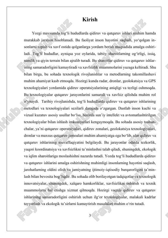 ududlarda yozda issiq, namlik va og‘ir terrainlar qidiruv va qutqaruv ishlariga qo‘shimcha qiyinchiliklar keltiradi. shu sababli, strategiyalar avvalo, qidiruv zonasini aniqlash va tasniflashni o‘z ichiga oladi. bu jarayonda radar va geolokatsiya texnologiyalari yordamida yo‘qolgan insonlarni aniqlash, dronlar yordamida keng qamrovli qidiruv olib borish va navigatsiya uchun gps texnologiyalaridan foydalanish muhim ahamiyatga ega. bundan tashqari, qutqaruv ishlarida maxsus tayyorlangan jamoalar va texnik vositalar bilan ta’minlangan bo‘lishi kerak, chunki og‘ir terrain va issiq sharoitlar texnik muammolarni keltirib chiqarishi mumkin. ii. texnologiyalar va zamonaviy usullar bilan qidiruv metodlari texnologiyalar va zamonaviy usullar bilan qidiruv metodlari togʻli hududlarda yozgi qidiruv va qutqaruv ishlarining samaradorligini oshirishda muhim rol oʻynaydi. bu metodlar nafaqat qidiruv jarayonini tezlashtirish, balki uning aniqligini ham ta’minlashga xizmat qiladi. togʻli hududlarda qidiruv va qutqaruv ishlarida texnologik yondashuvlar va zamonaviy usullar yordamida qidiruv operatsiyalarini yanada samarali qilish mumkin. birinchi navbatda, radar texnologiyalari qidiruv jarayonida muhim oʻrin tutadi. radarlar yordamida keng hududlarni avtomatik tarzda …