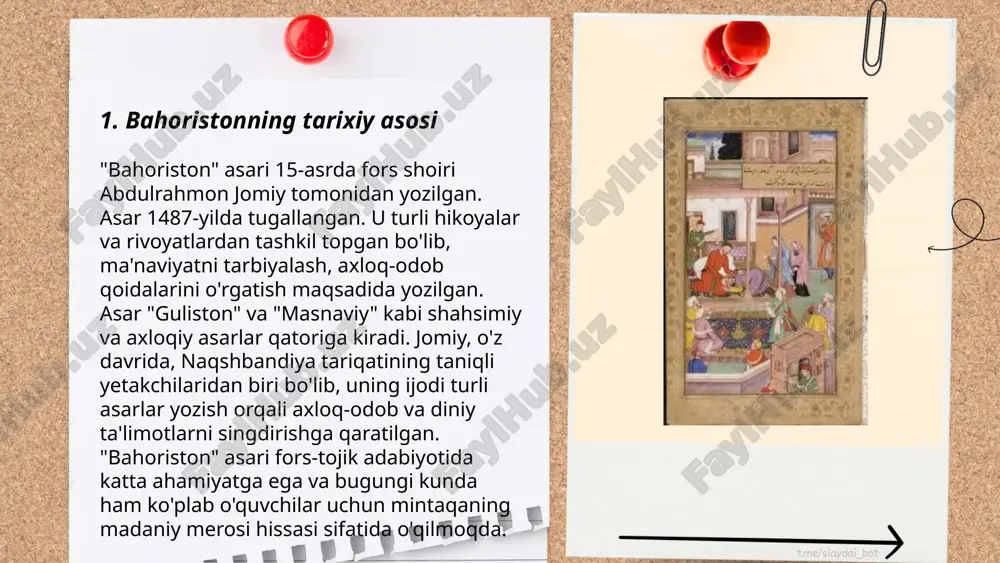 yozilgan. bu asar devon uslubida yozilgan bo'lib, epik va lirik janrlar uyg'unligini o'zida mujassam etadi. 8 bobdan tashkil topgan "bahoriston"da shoir 650 ga yaqin hikoya va rivoyatlar orqali insonparvarlik, ma'rifat va adolat kabi mavzularni yoritadi. har bir bob turli-tuman hikoyalar va masallar bilan boyitilgan, bu esa epik va lirik janrlarni bir-biriga uyg'unlashtiradi. "bahoriston"da navoiy lirik ifodalar orqali inson ruhiyatiga ta'sir qiladi, epik hikoyalar orqali esa keng qamrovli ijtimoiy va ma'naviy muammolarni tahlil qiladi. asar shoirning ma'rifatparvarlik g'oyalarini tarannum etuvchi muhim asarlaridan biridir. ... t.me/slaydai_bot 7. "bahoriston"dagi axloqiy masalalar "bahoriston" alisher navoiyning axloqiy masalalariga bag'ishlangan asarlaridan biri hisoblanadi. ushbu asarda insoniylik, odob-axloq qoidalarini shakllantirish hamda jamiyatdagi munosabatlarni tartibga solish haqida so'z yuritiladi. asarda hikoyatlar va masallar orqali hidoyat berilgan bo'lib, har bir qissa o'quvchiga axloqiy saboq berishni maqsad qilgan. "bahoriston"da insoniy fazilatlar, adolat, halollik va sabr-toqat kabi ko'plab axloqiy tushunchalar ko'tarilgan. asar, shuningdek, insonning nafsi bilan kurashi va axloqiy kamolotga erishish …