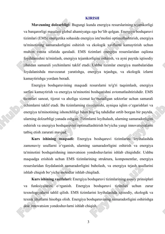 lashda qo‘llaniladigan metodlar, usullar va hisob-kitoblardir. bu jarayonda energiya manbalaridan oqilona foydalanish, tizimlarning samaradorligini oshirish va ekologik ta'sirlarni kamaytirish bo‘yicha yondashuvlar o‘rganiladi. kurs ishining metodologik asosi: energiya boshqaruvi tizimlarini loyihalashda ilmiy va amaliy yondashuvlarni birlashtirishga asoslanadi. energetika, iqtisodiyot, ekologiya va texnologiya sohalarining asosiy tamoyillari asosida energiya resurslaridan samarali foydalanish tizimlarini ishlab chiqish maqsad qilinadi. kurs ishining amaliy ahamiyati: ems tizimlarini loyihalash orqali energiya iste'molini samarali boshqarish, energiya tejash va ekologik izlarni kamaytirish imkoniyatlari yaratiladi. bu esa, nafaqat iqtisodiy samaradorlikni oshirish, balki ekologik barqarorlikni ta'minlashga ham xizmat qiladi. kurs ishining tarkibiy tuzilishi va hajmi: mazkur kurs ishi kirish, ikki bob, sakkiz bo‘lim, xulosalar, foydalanilgan adabiyotlar ro‘yxatidan tashkil topgan. i-bob korxonada asosiy vositalarning kirimi va chiqimini hisobga olishni avtomatlashtirish tizimining asoslari. 1.1. korxonada asosiy vositalarning kiritilishi va chiqishi jarayonlari. korxonada asosiy vositalar ishlab chiqarish jarayonining ajralmas qismi bo‘lib, ular ishlab chiqarishda uzoq muddat foydalaniladigan moddiy resurslardir. ular mulkiy huquq asosida korxonaga tegishli …