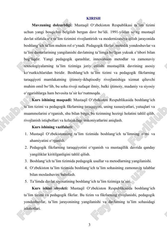 , xulosalar, foydalanilgan adabiyotlar ro‘yhatidan tashkil topgan. i bob. mustaqil o‘zbekiston respublikasining boshlang‘ich ta’lim tizimining tarixi va rivojlanishi. 1.1. boshlang‘ich ta’lim tizimining shakllanishi. boshlang‘ich ta’lim tizimi – har bir davlatning ta’lim sohasidagi eng muhim bosqichlardan biri bo‘lib, u bola hayotidagi ilk ta’lim tajribasini tashkil etadi. bu tizim nafaqat akademik bilimlarni berish, balki bolaning shaxsiy rivojlanishi va ijtimoiy moslashuvini ta’minlashda muhim ahamiyatga ega. boshlang‘ich ta’lim tizimi shakllanishining tarixiy ildizlari uzoq o‘tmishga borib taqaladi. ko‘plab mamlakatlarda, ayniqsa, 19-20 asrlar o‘rtalarida, boshlang‘ich ta’lim tizimi shakllanish jarayoni bir necha omillar ta’siri ostida rivojlangan. boshida, ta’lim faqatgina yuqori tabaqalarga tegishli bo‘lgan, o‘rta va past tabaqa vakillari uchun esa ta’lim imkoniyatlari juda cheklangan edi. bu holat, ayniqsa, agrar jamiyatlarda aniq sezilar edi. ammo sanoat inqilobi va ijtimoiy rivojlanish natijasida, ta’limni ommaviylashtirish va keng qatlamlarga yetkazish zarurati yuzaga keldi. shuning uchun, boshlang‘ich ta’lim tizimining shakllanishi, jamiyatning taraqqiyotiga va inson huquqlari masalalariga ham katta ta’sir ko‘rsatdi. 19-asrning oxirlariga …