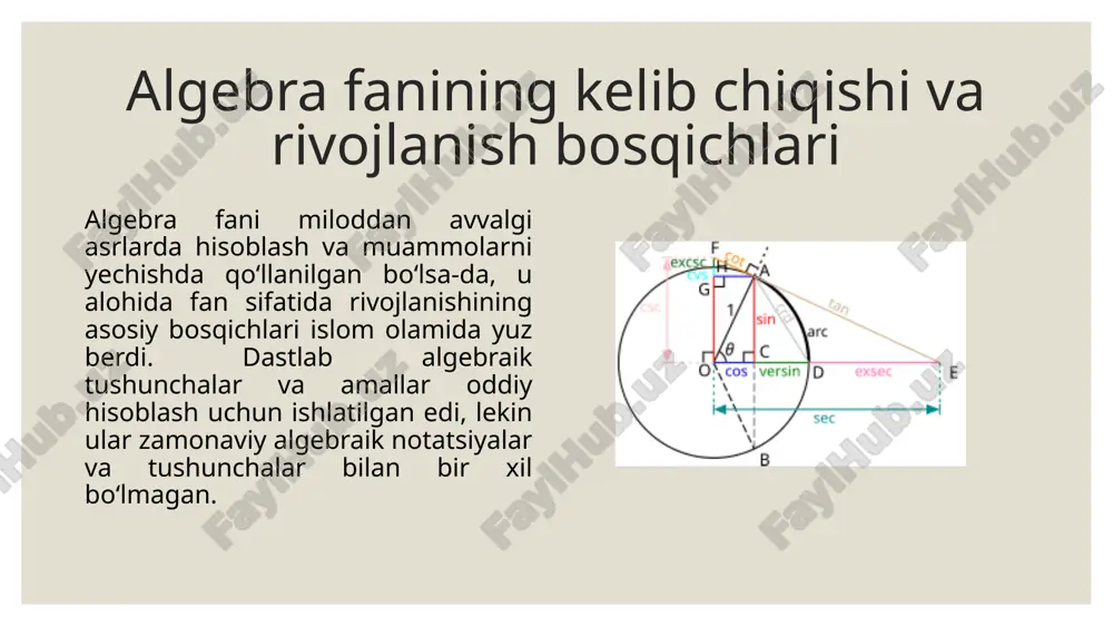 tamiyadagi hisob-kitoblarda algebraik yondashuvlar qo‘llanilgan, lekin ular zamonaviy algebraik notatsiyalar bilan ifodalangan emas edi. bunday masalalar yordamida algebraik tenglamalarning tarixiy rivojlanishini va ulardan qanday foydalanish mumkinligini o‘rgatish mumkin. etiboringiz uchun rahmat image2.jpg image3.png image4.jpeg image5.jpeg