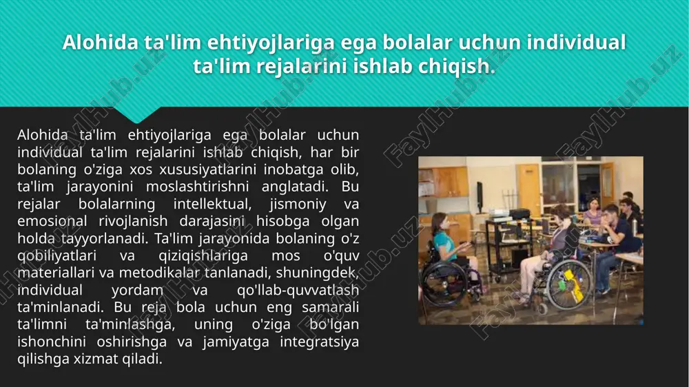 ishonchli va ochiq muloqotni rivojlantirishdir. o'qituvchilar bolaning o'qishdagi yutuqlarini va qiyinchiliklarini ota-onalar bilan muntazam ravishda muhokama qilib turishlari zarur. ota-onalar esa, bola uchun uyda kerakli sharoitlarni yaratish, o'qituvchilarga bolaning oiladagi holati haqida ma'lumot berishlari kerak. o'qituvchilar va ota-onalar birgalikda, bolaning individual ehtiyojlariga mos ta'lim yondashuvlarini ishlab chiqishlari mumkin. bunday hamkorlik, o'quv jarayonining barcha bosqichlarida bolaga bir xil maqsadlar va yo'nalishlar bilan yondashishni ta'minlaydi, bu esa bolaning muvaffaqiyatli rivojlanishiga katta hissa qo'shadi. inklyuziv ta'limda o'qituvchilar va ota-onalar o'rtasida samarali hamkorlikni yo'lga qo'yish, bolaning ta'lim jarayoniga yanada kengroq qo'llab-quvvatlashni ta'minlaydi. o'qituvchilar va ota-onalar o'rtasida o'zaro fikr almashish va maslahatlardagi ochiqlik, bolaning o'ziga xos ehtiyojlarini yaxshiroq tushunishga yordam beradi. o'qituvchilar bolaning o'qishdagi yutuqlari va qiyinchiliklari haqida ota-onalarni muntazam ravishda xabardor qilib turishlari kerak, bu esa ota-onalarga uyda bolaning o'rganishiga yordam berish uchun to'g'ri yo'nalishlarni belgilash imkonini beradi. ota-onalar o'z farzandlari bilan bog'liq muammolarni yoki yutuqlarni o'qituvchilar bilan baham ko'rishlari, hamda uyda bajarilishi kerak …