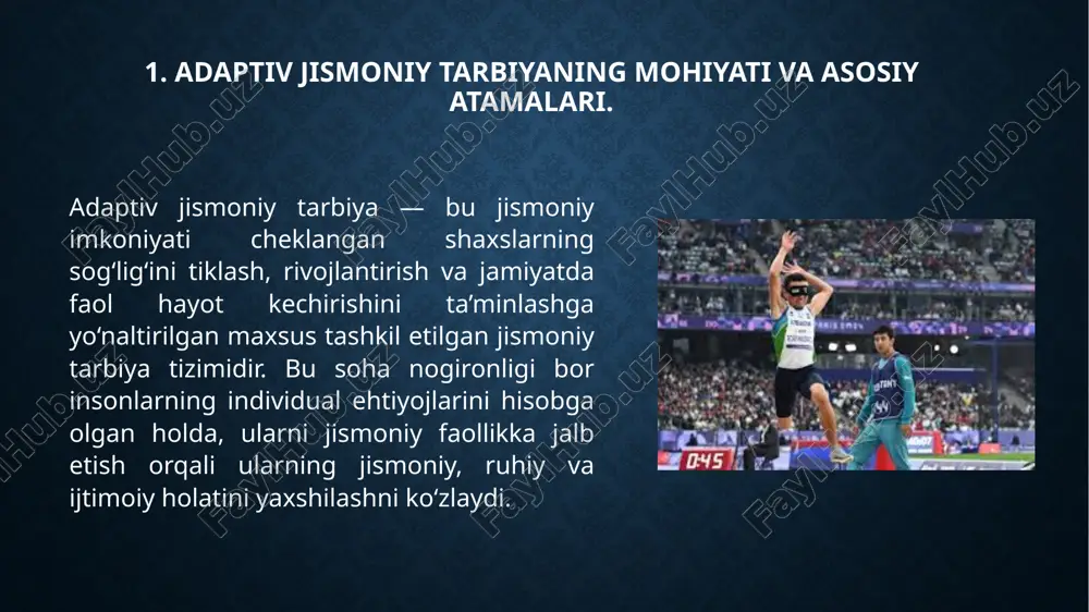 hayotiga teng huquqli a’zo sifatida qo‘shilishi jarayonidir. bu jarayonda ular ta’lim, mehnat, madaniyat, sport va boshqa sohalarda faol ishtirok etish imkoniyatiga ega bo‘lishi kerak. adaptiv jismoniy tarbiya orqali nogiron shaxslar jamoaviy mashg‘ulotlarga jalb etilib, ijtimoiy munosabatlarni o‘rganadilar va o‘zlarini jamiyatda to‘laqonli his eta boshlaydilar. turmush tarzi esa insonning kundalik faoliyati, odatlari, salomatlik holati va ijtimoiy faolligini ifodalaydi. nogironlar uchun sog‘lom turmush tarzini shakllantirish adaptiv jismoniy tarbiyaning asosiy maqsadlaridan biridir. jismoniy mashg‘ulotlar orqali ular o‘z salomatligini nazorat qilishni o‘rganadi, faol hayot tarzi yuritadi va ijtimoiy jihatdan moslashuvchanroq bo‘lib boradi. etiboringiz uchun rahmat! image2.jpeg image3.jpeg image4.jpeg