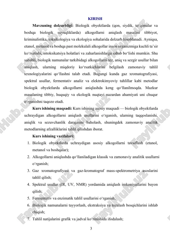 ishadilar. bu bilimlar sud-tibbiy ekspertiza, toksikologik tekshiruv, ichki kasalliklar diagnostikasi hamda ekologik monitoring sohalarida muhim ahamiyatga ega bo‘lib, talabalarning amaliy ko‘nikmalarini rivojlantiradi. kurs ishining tarkibiy tuzilishi va hajmi: mazkur kurs ishi kirish, ikki bob, sakkiz bo‘lim, xulosalar, foydalanilgan adabiyotlar ro‘yxatidan tashkil topgan. i-bob biologik obyektlarda alkagollar: tasnifi va xossalari. 1.1. alkogollarning umumiy kimyoviy tuzilishi va klassifikatsiyasi. alkogollar kislorodli organik birikmalar bo‘lib, ularning tarkibida gidroksil guruhi ya’ni –oh guruhi mavjud. ular eng ko‘p uchraydigan va keng o‘rganilgan organik moddalar sinfiga kiradi. alkogollar murakkab organik moddalar bo‘lishiga qaramay, ularning kimyoviy tuzilishi ancha sodda: ular uglevodorod radikaliga biriktirilgan bitta yoki bir nechta gidroksil guruhidan tashkil topgan bo‘ladi. gidroksil guruhi bilan birikkan uglevodorod radikali spirtning asosiy qismini tashkil etadi va bu guruh spirtga xos kimyoviy va fizik xossalarni beradi. alkogollarni tuzilishiga ko‘ra uch asosiy sinfga ajratish mumkin: birlamchi, ikkilamchi va uchlamchi alkogollar. bu klassifikatsiya gidroksil guruhi birikkan uglerod atomining boshqa uglerod atomlariga nisbatan qanday …