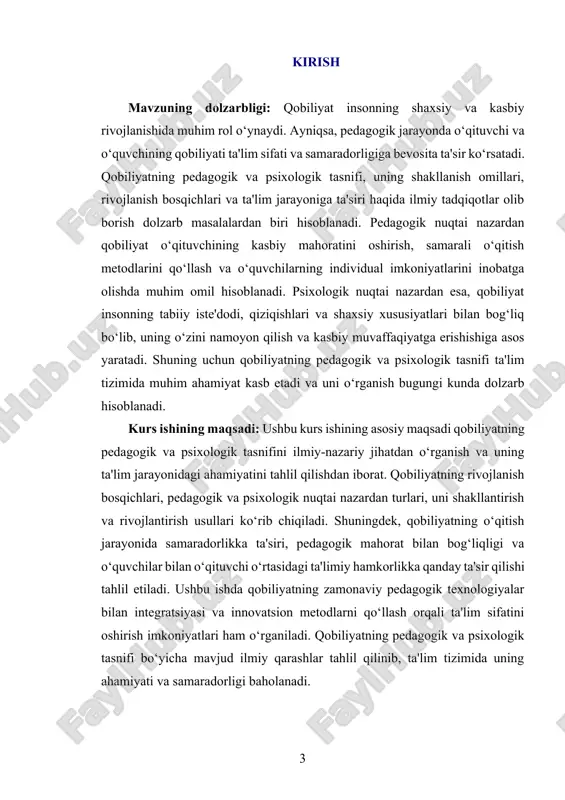 r bolaning tabiiy moyilligi to‘g‘ri yo‘naltirilsa va rivojlantirilsa, kelajakda u o‘z sohasida yuqori natijalarga erishishi mumkin. shu sababli, ta’lim va tarbiya jarayonida bolalarning individual qobiliyatlarini aniqlash va ularni qo‘llab-quvvatlash muhimdir. qobiliyat umumiy va maxsus turlarga bo‘linadi. umumiy qobiliyat odamning turli hayotiy vaziyatlarga moslasha olish qobiliyatidir. masalan, mantiqiy fikrlash, tez anglash va muammolarni hal qilish kabi jihatlar umumiy qobiliyat sifatida namoyon bo‘ladi. maxsus qobiliyat esa muayyan faoliyatga oid bo‘lib, san’at, sport, ilm-fan yoki texnologiyaga yo‘naltirilgan bo‘lishi mumkin. insonning muvaffaqiyati ko‘p jihatdan uning qobiliyatlaridan tashqari mehnatiga bog‘liq. ba’zi hollarda tug‘ma iste’dod muvaffaqiyat garovi bo‘lsa, boshqa holatlarda esa muntazam mashq va izlanishlar orqali yuqori natijalarga erishish mumkin. qobiliyatni rivojlantirish uchun inson o‘z ustida ishlashi, o‘rganish jarayoniga jiddiy yondashishi va tajriba orttirishi kerak. shuningdek, turli faoliyat turlarida o‘zini sinab ko‘rish ham yangi qirralarni ochishga yordam beradi. qobiliyat inson shaxsiyati va xarakteri bilan chambarchas bog‘liqdir. ba’zi insonlar ijodiy fikrlashga moyil bo‘lsa, boshqalar analitik yondashuvni afzal …