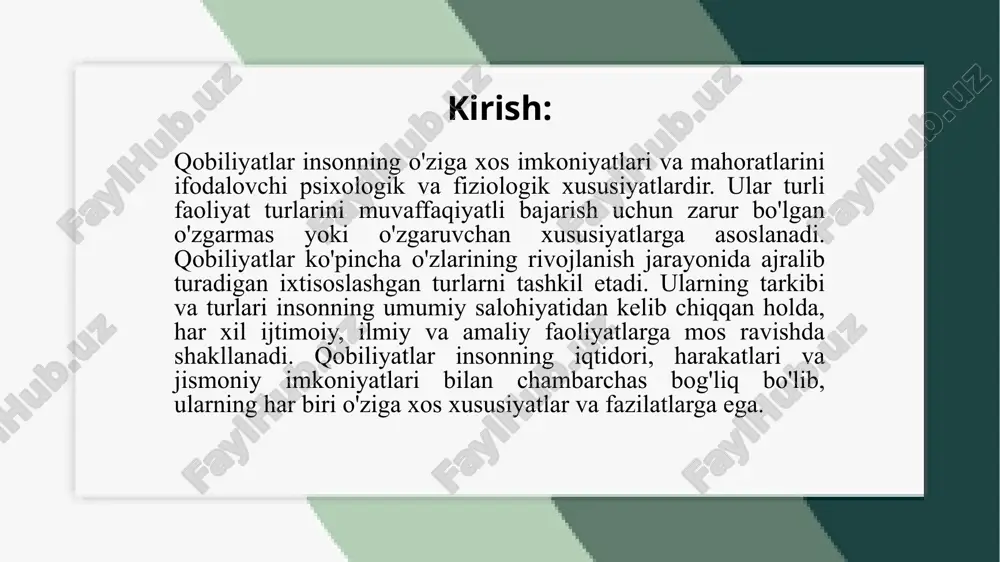 ahoratlari va ko'nikmalaridir. ular insonning intelektual, jismoniy, emosionalqobiliyatlar turli xil turlarga bo'linadi va ular bir-biridan farqlanadi. ularning har biri insonning ma'lum bir sohada muvaffaqiyatga erishish uchun zarur bo'lgan xususiyatlar va mahoratlarga asoslanadi. quyida qobiliyatlarning asosiy turlari va ularning farqlari keltirilgan. intelektual qobiliyatlar odamning aql-idrok va mantiqiy fikrlash qobiliyatiga asoslanadi. ular murakkab vazifalarni hal qilish, yangi bilimlarni o'rganish va tahlil qilishda yordam beradi. jismoniy qobiliyatlar insonning harakatlari, kuchi, chidamliligi va tezligini ifodalaydi. bular sportchi yoki jismoniy faoliyat bilan shug'ullanadigan shaxslar uchun muhimdir. masalan, tez yugurish, kuchli bo'lish yoki ma'lum bir sport turini o'zlashtirishda ko'zga tashlanadi. emosional qobiliyatlar odamning o'z his-tuyg'ularini anglash va boshqalar bilan ijtimoiy aloqalar o'rnatishda yordam beruvchi salohiyatlardir. bunga o'zini va boshqalarni tushunish, hissiy barqarorlik va empatiya kabilar kiradi. emosional intellekt, boshqaruv va rahbarlikda muhim rol o'ynaydi. ijodiy qobiliyatlar yangi va original g'oyalar yaratish, san'at, musiqa, dizayn yoki boshqa ijodiy faoliyatlarda yuqori ko'nikmalarni anglatadi. bunga rasmlar chizish, musiqa asarlarini …
