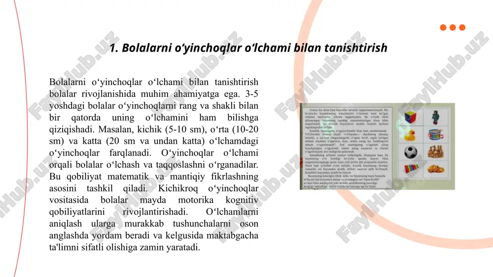li tasniflash qobiliyati rivojlantiriladi. qoʻllaniladigan metodlardan biri — predmetlarni tartibga solish va o'zgacha namunalar yordamida oʻrgatishdir. masalan, uchta olma berilib, ularni kichikdan kattagacha joylashtirish topshirig'i qo'yiladi. bu usul orqali farqlarni koʻrish va aniqlash, hamda oʻz xulosalarini ifodalash ko'nikmalari shakllanadi. shu yo'sin, bolalarda analitik va mantiqiy fikrlash rivojlanadi, bu esa kelajakdagi matematik bilimlar asosiga zamin yaratadi. ... t.me/slaydai_bot kundalik buyumlar ko‘pincha o‘zlarining o‘lchamlari bilan tanishdir. masalan, a4 qog‘oz o‘lchami 210 x 297 mm bo‘lib, ofis ishlarida keng qo‘llaniladi. smartfonlar ekrani odatda 5 dan 7 dyuymgacha bo‘ladi. standart kredit kartalarining o‘lchami 85.6 x 53.98 mm. mustahkam qadoqlangan suv idishlari ko‘pincha 500 ml hajmda bo‘ladi. o‘rtacha kalitlar uzunligi 5 dan 10 sm gacha. stol usti daftarlar odatda 15 x 21 sm (a5) o‘lchamida ishlab chiqariladi. kundalik-ish jurnalining odatiy hajmi 18 x 25 sm. ushbu o‘lchamlar har kuni foydalaniladigan buyumlar uchun qulaylik va funksionallikni oshiradi. ... t.me/slaydai_bot 7. qoʻl mehnati bilan oʻlchash qo'l mehnati …