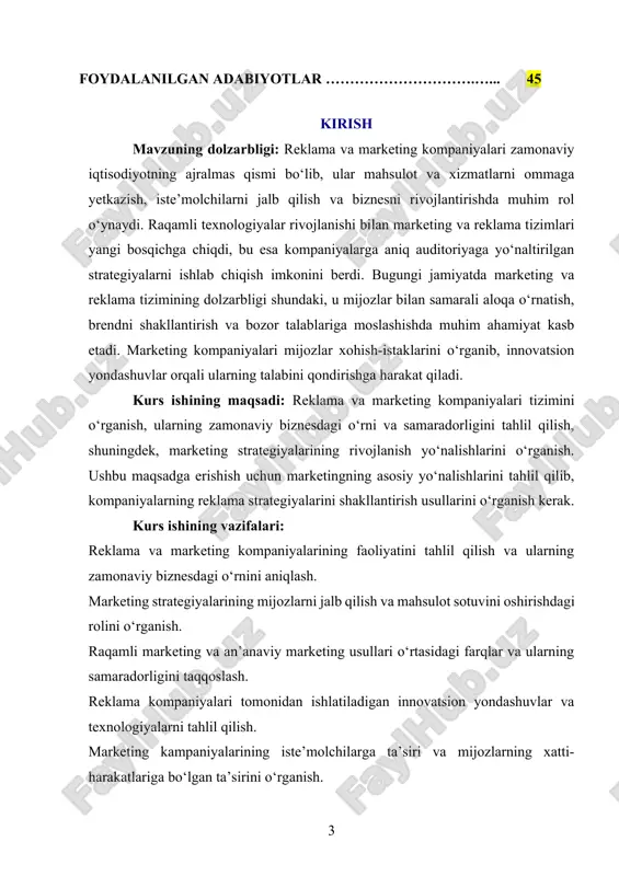metodologik asosi: reklama va marketing tizimlarini tahlil qilishda iqtisodiy, psixologik va sotsiologik tamoyillarga asoslanadi. ushbu tadqiqot jarayonida marketing nazariyalari, biznes tahlillari va iste’molchilar xulq-atvorini o‘rganish usullari qo‘llaniladi. shuningdek, real biznes holatlari va kompaniyalar tomonidan qo‘llanilgan strategiyalar o‘rganilib, marketing kampaniyalarining muvaffaqiyatini baholash mezonlari ishlab chiqiladi. kurs ishining amaliy ahamiyati: reklama va marketing kompaniyalarining samaradorligini oshirish, raqamli marketing vositalaridan unumli foydalanish va iste’molchilarga ta’sir o‘tkazish strategiyalarini ishlab chiqish orqali biznes muvaffaqiyatiga erishish mumkin. ushbu tadqiqot natijalari marketing mutaxassislariga, tadbirkorlarga va reklama sohasi vakillariga samarali marketing yondashuvlarini ishlab chiqishda yordam beradi. kurs ishining tarkibiy tuzilishi va hajmi: mazkur kurs ishi kirish, uch bob, sakkiz bo‘lim, xulosalar va foydalanilgan adabiyotlar ro‘yxatidan tashkil topgan. i bob. reklama va marketing kompaniyalari tizimini tahlil qilish. 1.1. reklama va marketing kompaniyalarining asosiy maqsadlari va vazifalari. reklama va marketing kompaniyalari bugungi kunda biznes dunyosida muhim o‘rin egallaydi. ularning asosiy maqsadi mahsulot yoki xizmatlarni mijozlarga yetkazish, ularning e’tiborini jalb qilish …