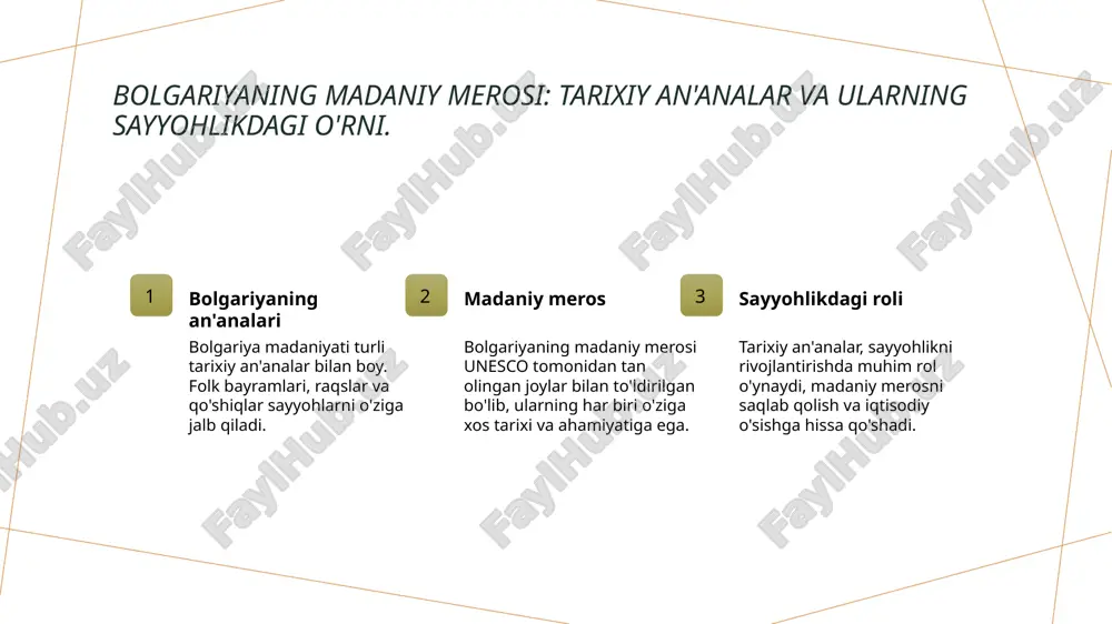 ar davomida urf-odat va an'analarni meros qilib olgan. 03 o'tmish va kelajak tarixiy joylar, bolgariyaning o'ziga xosligini ifodalaydi. ular nafaqat o'tmishni, balki zamonaviy tadbirlarda kelajakni ham belgilaydi. 04 sayyohlik rivoji tarixiy joylar orqali sayyohlik rivoji, iqtisodiy o'sishga va madaniy almashuvga yordam beradi, bu esa bolgariyaning global turizmda o'rnini mustahkamlaydi. bolgariyaning tabiiy go'zalliklari: qishloq va tog' sayohatlari imkoniyatlari. 1 qishloq sayohati - bolgariya qishloqlari, an'anaviy hayot tarzini saqlab qolgan holda, sayyohlar uchun qiziqarli tajribalar taqdim etadi. tabiiy go'zalliklar va madaniy merosni o'rganish imkoniyati mavjud. 2 tog' sayohatlari - bolgariyaning toglari, masalan, rila va pirin, sayyohlar uchun turli xil sayohat va faoliyatlarni taklif etadi. qishloq joylarida yurgan sayohatchilar, muhteşem manzaralar bilan tanishishadi. 3 ekologik turizm - bolgariyada ekologik turizm rivojlanmoqda. milliy parklar va tabiat rezervlari, tabiiy resurslarni saqlashga qaratilgan faoliyatlar orqali sayyohlar uchun yangi imkoniyatlar yaratadi. milliy parklar va ularning sayyohlik uchun ahamiyati: bolgariyaning yashil xazinalari. 1 milliy parklar bolgariyada 11 ta …