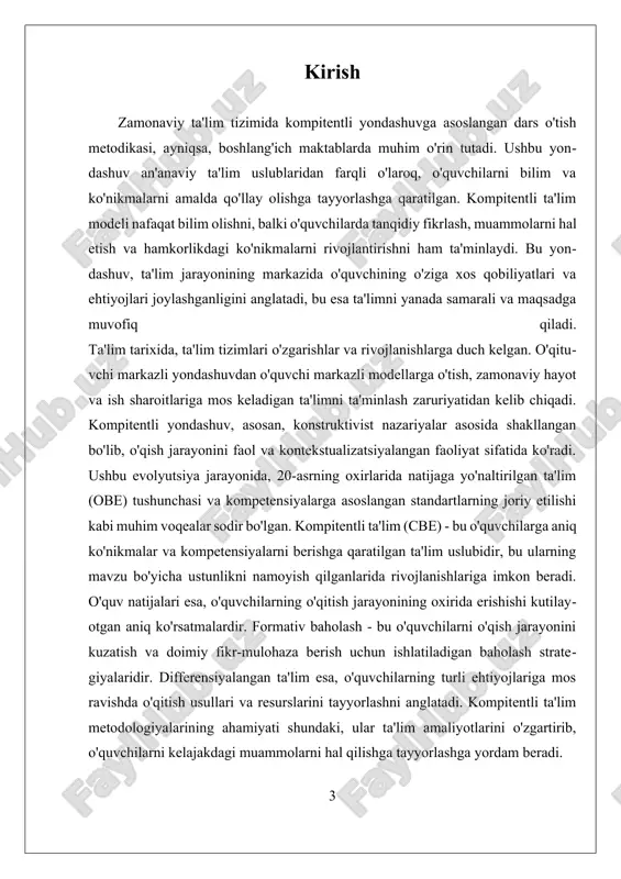 nikmalar va qobiliyatlarni rivojlantirishga hissa qo'shiladi. i. kompitentli ta'limning pedagogik asoslari kompitentli ta'limning pedagogik asoslari zamonaviy ta'lim tizimining asosiy tamoyilidir. ushbu yondashuv, ta'lim jarayonida o'quvchilarning faolligini oshirish, ularning muammolarni hal qilish qobiliyatini rivojlantirish va hayotiy ko'nikmalarini shakllantirishga qaratilgan. ta'lim jarayonida kompetensiyalarni rivojlantirish pedagogik asoslar bilan to'la integratsiyalangan bo'lishi kerak. bunda o'qitish metodikasi o'quvchilarning individual imkoniyatlariga moslashtiriladi va ularning o'z-o'zini rivojlantirishiga ko'maklashadi. kompitentli ta'limning asosiy pedagogik tamoyillari quyidagilardan iborat: 1. **o'quvchiga yo'naltirilgan yondashuv**: bu yondashuvda o'quvchi markazda bo'lib, o'qituvchi uning ehtiyojlari, qiziqishlari va darajasiga mos ravishda ta'lim jarayonini tashkil etadi. bu esa o'quvchilarning o'z bilim va ko'nikmalarini mustaqil ravishda qo'llash va rivojlantirish imkoniyatini beradi. 2. **amaliy mashg'ulotlar**: kompetensiyalarni rivojlantirishda amaliy mashg'ulotlarning ahamiyati katta. o'quvchilar nazariy bilimlarni amalda qo'llash orqali ko'nikmalarini mustahkamlashlari va muammolarni hal qilishda tajriba orttirishlari mumkin. masalan, loyiha asosidagi o'qitish usullari o'quvchilarning jamoaviy ishlash qobiliyatini va ijodkorligini rivojlantiradi. 3. **differentsiyalangan ta'lim**: o'quvchilarning o'ziga xos xususiyatlarini hisobga olish va ta'lim …