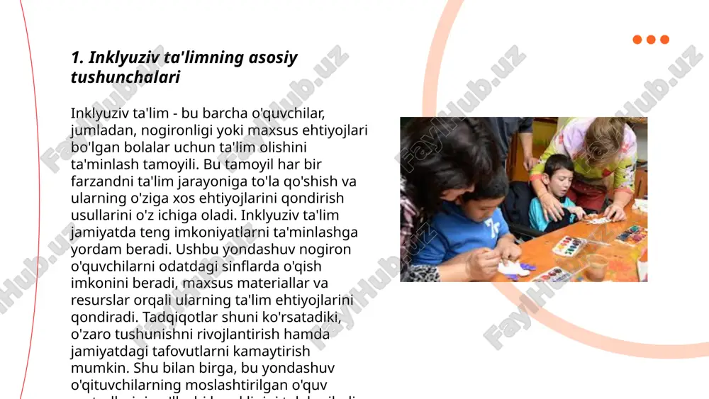 20% maktablarda o'qituvchilar maxsus tayyorgarlikka ega bo'lib, ular nogiron bolalarning ta'lim jarayonini qo'llab-quvvatlaydi. ... t.me/slaydai_bot mehrli maktablarda o'quv muhitini yaratish uchun avvalo, o'qituvchi va o'quvchilar o'rtasida o'zaro hurmat va ishonch muhitini ta'minlash zarur. statistika ko'rsatadi: maktab muhitida mehr va qo'llab-quvvatlash davomiyligi yuqori bo'lgan joylarda o'quvchilarning bilim olish ko'rsatkichlari 20-30% ga yaxshilanadi. bundan tashqari, yuqori iqtidorga ega o'quvchilar soni 15% ga oshadi. o'qituvchi va o'quvchilar orasidagi ijobiy aloqa davomiyligi kun davomida 80% dan yuqori bo'lishi ham talab etiladi. 50% o'quv muassasalarda o'qituvchilar maxsus kommunikatsiya treninglaridan o'tgan holda o'quv muhitini yanada mehrli qilishga hissa qo'sha oladilar. o'quv muhitida mehrning mavjudligi o'quvchilarning psixologik holatini 25% ga yaxshilaydi. ... t.me/slaydai_bot 6. uy ta'limida individual o'quv rejalar (home-based individual learning plans) o'quvchilarning ehtiyoj va qobiliyatlarini hisobga olgan holda tuziladi. bu rejalar o'quvchining bilim darajasi, qiziqishlari va ta'lim maqsadlariga asoslangan. individual rejalashtirishda har bir fan bo'yicha haftalik yoki oylik maqsadlar belgilanishi mumkin. masalan, matematika darslari uchun …