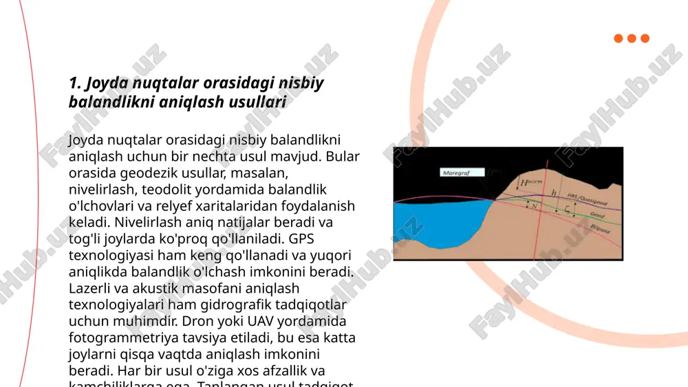 yaratish hamda suvning oqib ketishi uchun yo'llarning kerakli qiyaligini ta'minlaydi. eng kichik aniqlik uchun 0,01 metr gacha bo'lgan balandliklar farqi o'lchanishi mumkin. ... t.me/slaydai_bot oʻzbekistonda suv havzalari va daryolar balandlik oʻzgarishlari turlicha. amudaryo va sirdaryo respublikaning asosiy daryolari boʻlib, amudaryo oʻrtacha balandligi dengiz sathidan 0 metrda boshlanib 500 metrgacha yetadi. sirdaryo esa umumiy uzunligi 2,212 km boʻlib, dengiz sathidan 450 metrgacha balandlashadi. amudaryo havzasining suv yigʻilishi 309 ming kvadrat kilometrni tashkil qiladi. tojikiston bilan chegaradan oqib oʻtadigan zarafshon daryosi yuqori balandliklardan boshlanib, bu hududlarda 4000 metr balandlikka yetishi mumkin. sirdayo va amudaryo deltalari orol dengiziga kelib quyiladi, bu hududlar esa dengiz sathidan atigi bir necha metr balandda joylashgan. andijon suv ombori dengiz sathidan 900 metr balandlikda joylashgan, fargʻona vodiysi esa 300-500 metr balandda joylashgan. ... t.me/slaydai_bot 7. nisbiy balandlikning landshaftga ta'siri nisbiy balandlik landshaftga sezilarli ta'sir ko'rsatadi. tog'li hududlarda balandlik o'zgarishi iqlim, o'simlik qoplami va tuproq xususiyatlarini belgilaydi. har 100 …