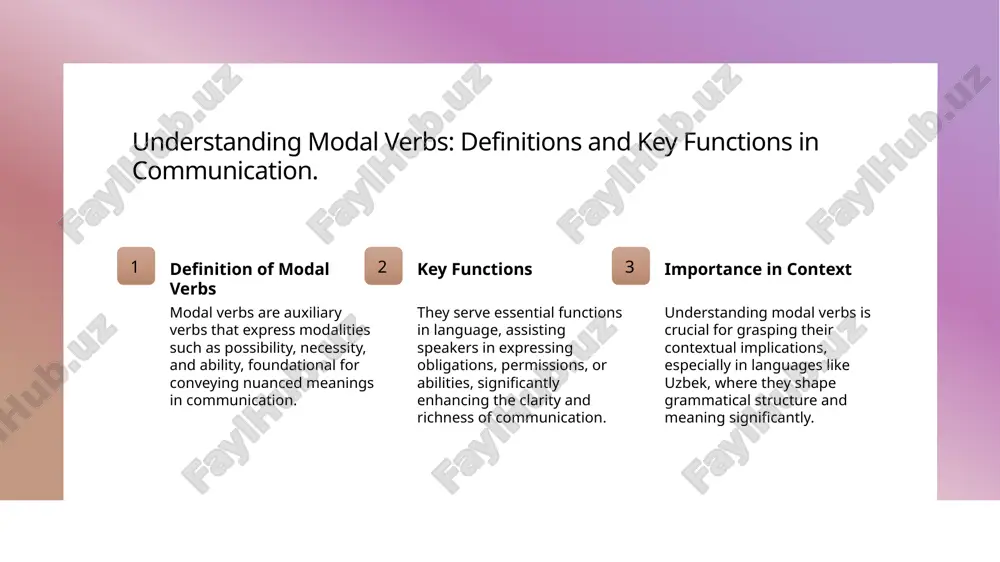 bs: key examples in everyday communication. 1 expressing ability - modal verbs like "can" and "could" are essential in everyday communication, indicating someone's capability to perform an action, such as "i can swim." 2 indicating possibility - the modal verb "might" is often used to express uncertainty or potential, as in "it might rain today," reflecting a common scenario in daily conversations. 3 conveying necessity - modal verbs such as "must" and "should" highlight necessity or obligation, exemplified in statements like "you must finish your homework," illustrating their practical use. contextual variations: how modal verbs shape meaning in uzbek. 1 contextual meaning - in uzbek, modal verbs like " mumkin" (may) and " kerak" (must) adapt meaning based on context, shaping the speaker's intent and audience perception. 2 cultural nuances - the use of modal verbs in uzbek reflects cultural attitudes towards politeness and obligation, influencing how requests and suggestions …